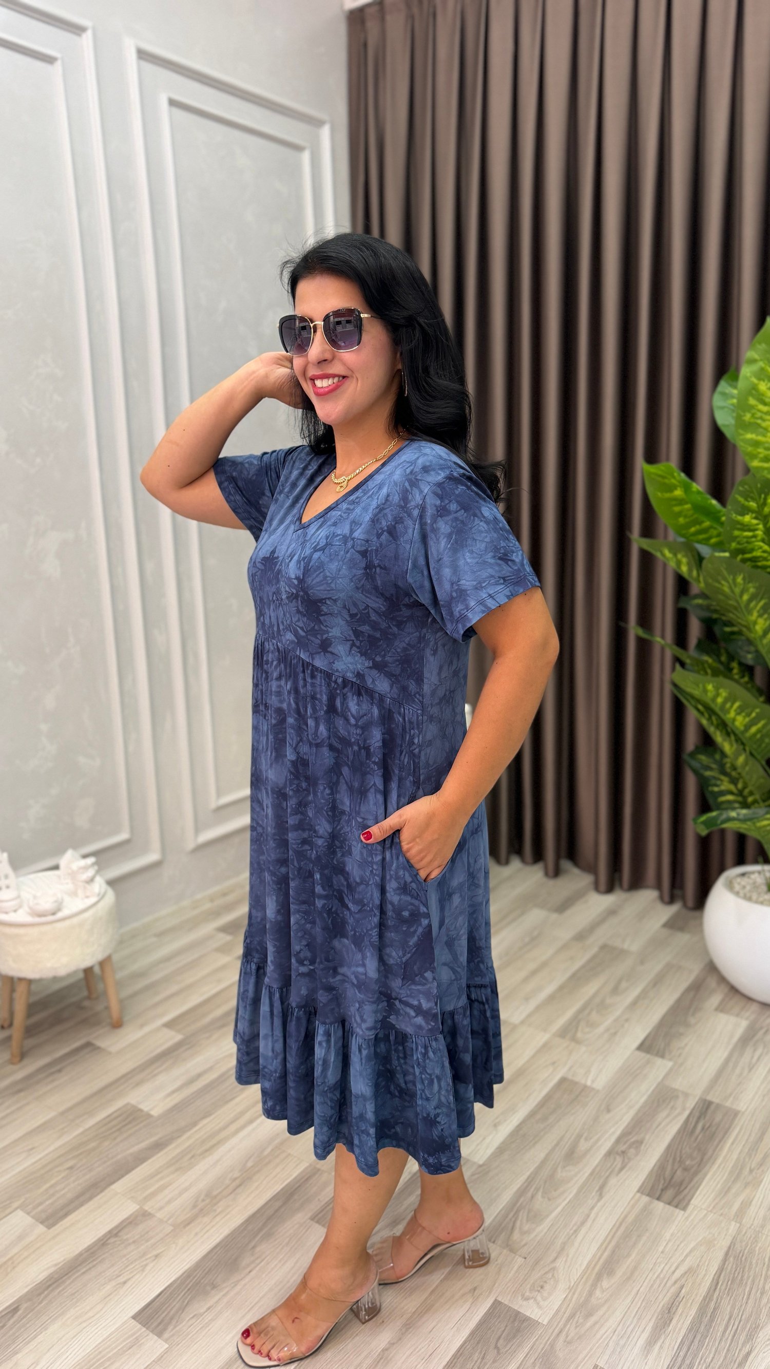 FLORA CHIC ELBİSE ESKİTME MAVİ DESEN