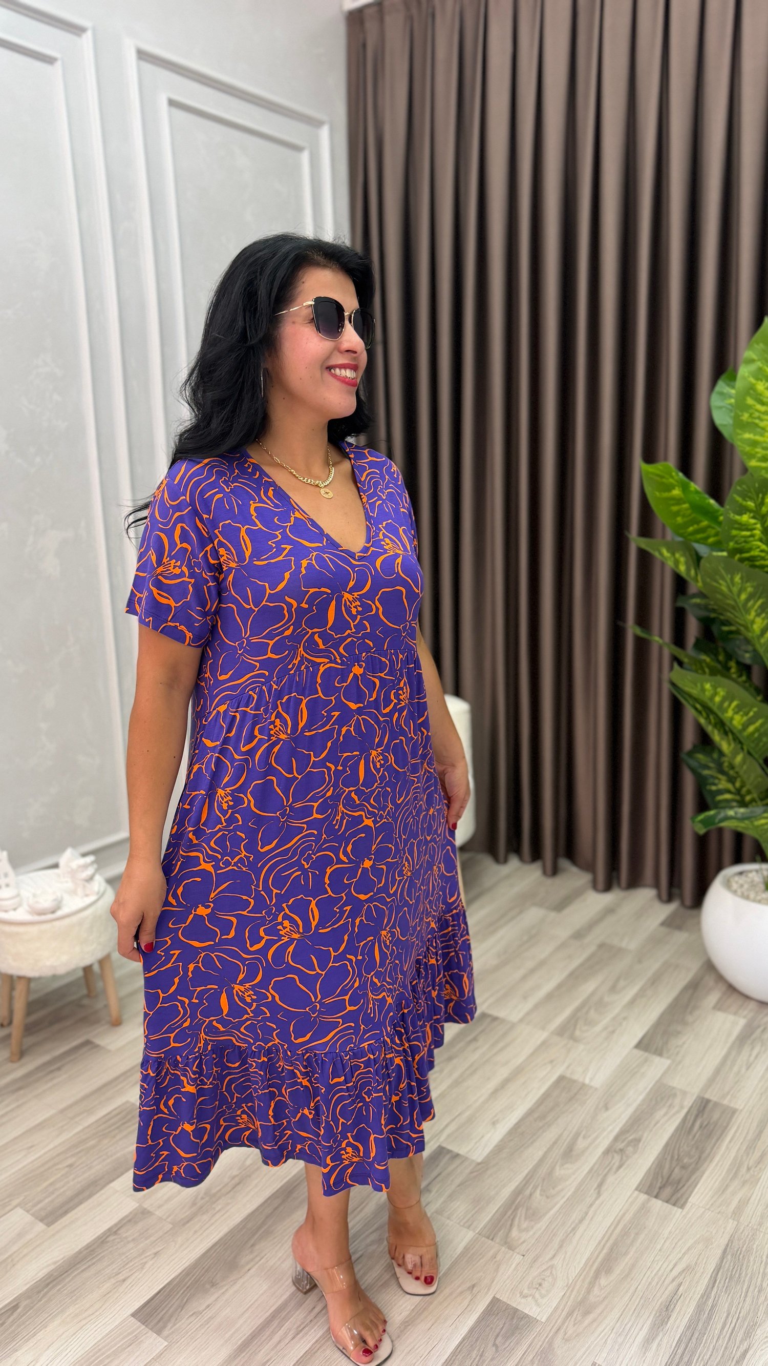 FLORA CHIC ELBİSE MOR ZEMİN TURUNCU ÇİÇEK DESEN