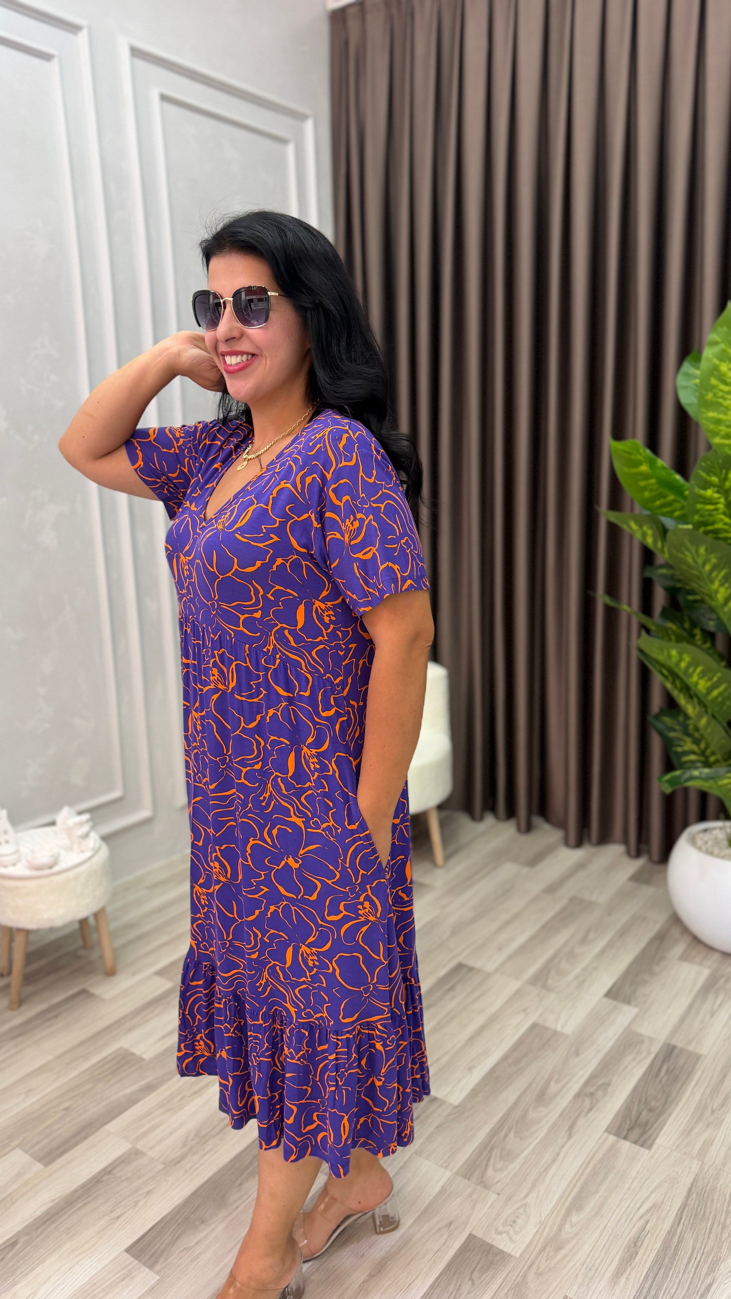 FLORA CHIC ELBİSE MOR ZEMİN TURUNCU ÇİÇEK DESEN