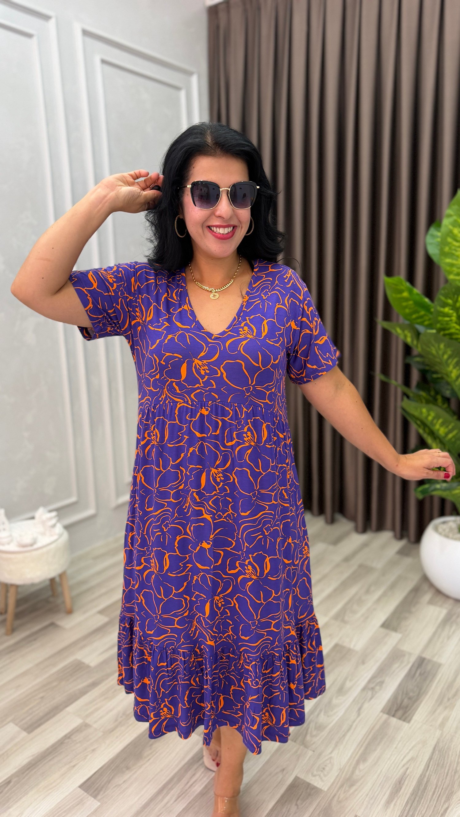 FLORA CHIC ELBİSE MOR ZEMİN TURUNCU ÇİÇEK DESEN