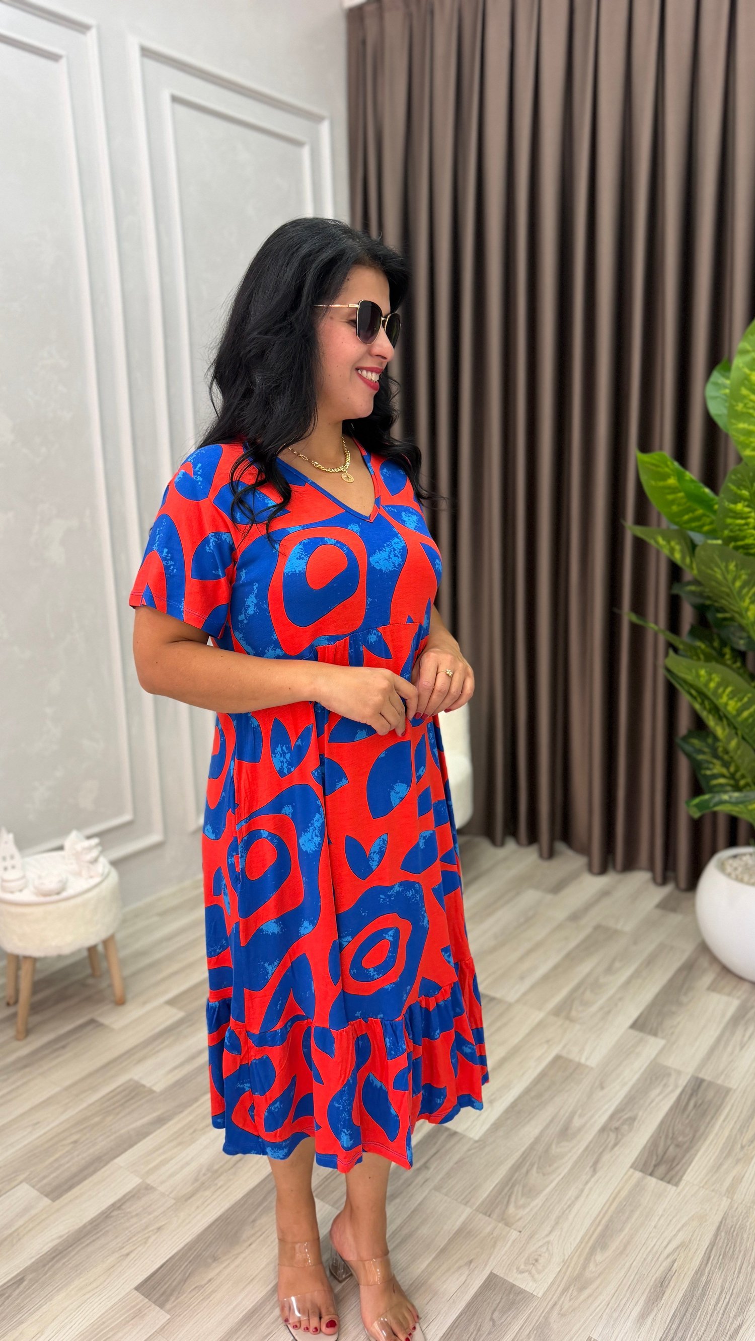 FLORA CHIC ELBİSE TURUNCU ZEMİN MAVİ DESEN
