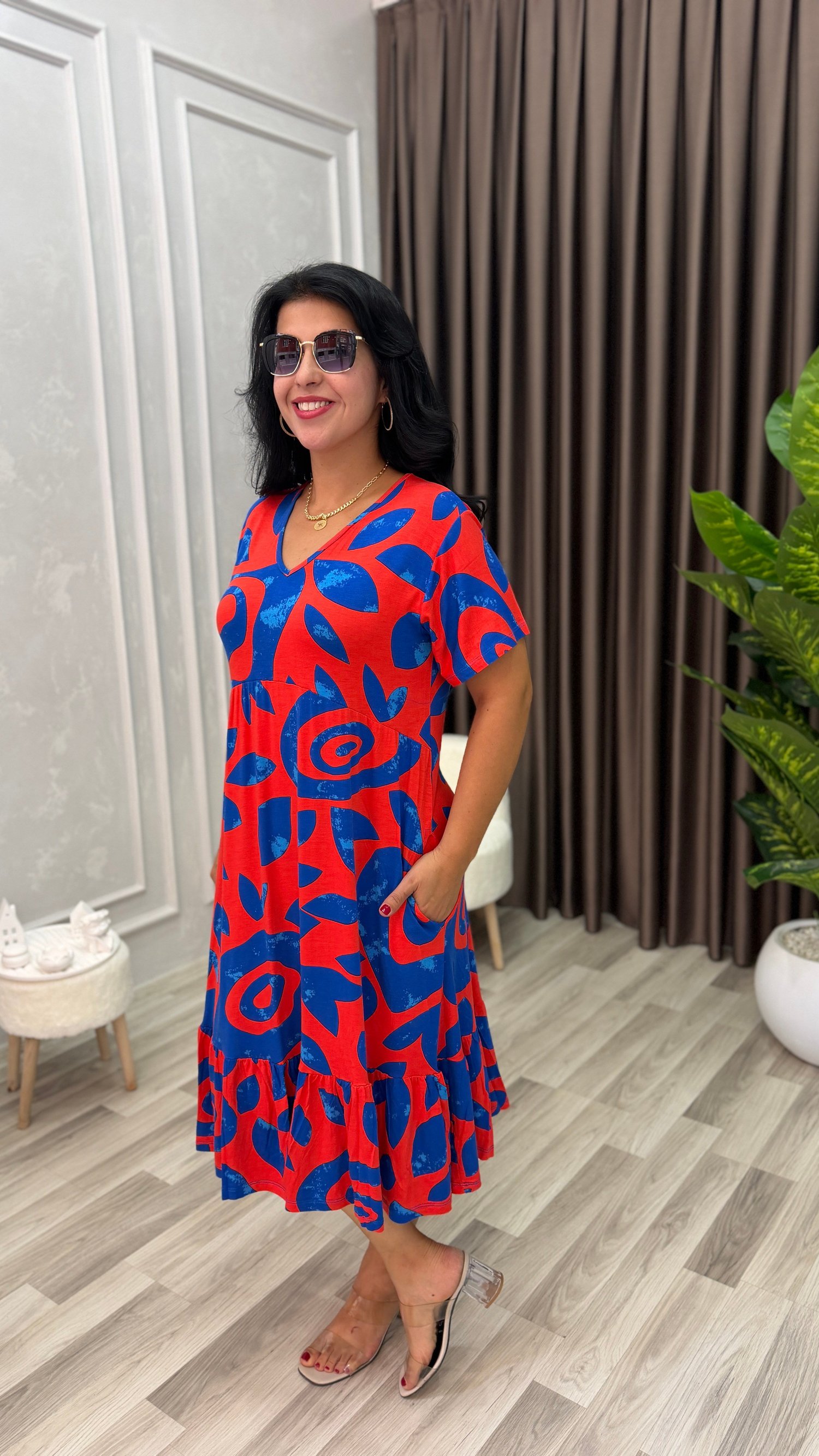 FLORA CHIC ELBİSE TURUNCU ZEMİN MAVİ DESEN