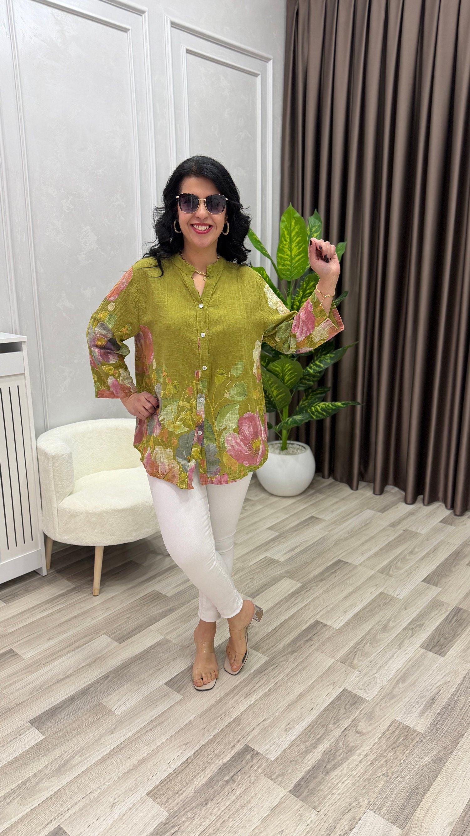 İTALYAN MODEL DESENLİ GÖMLEK YAĞ YEŞİLİ