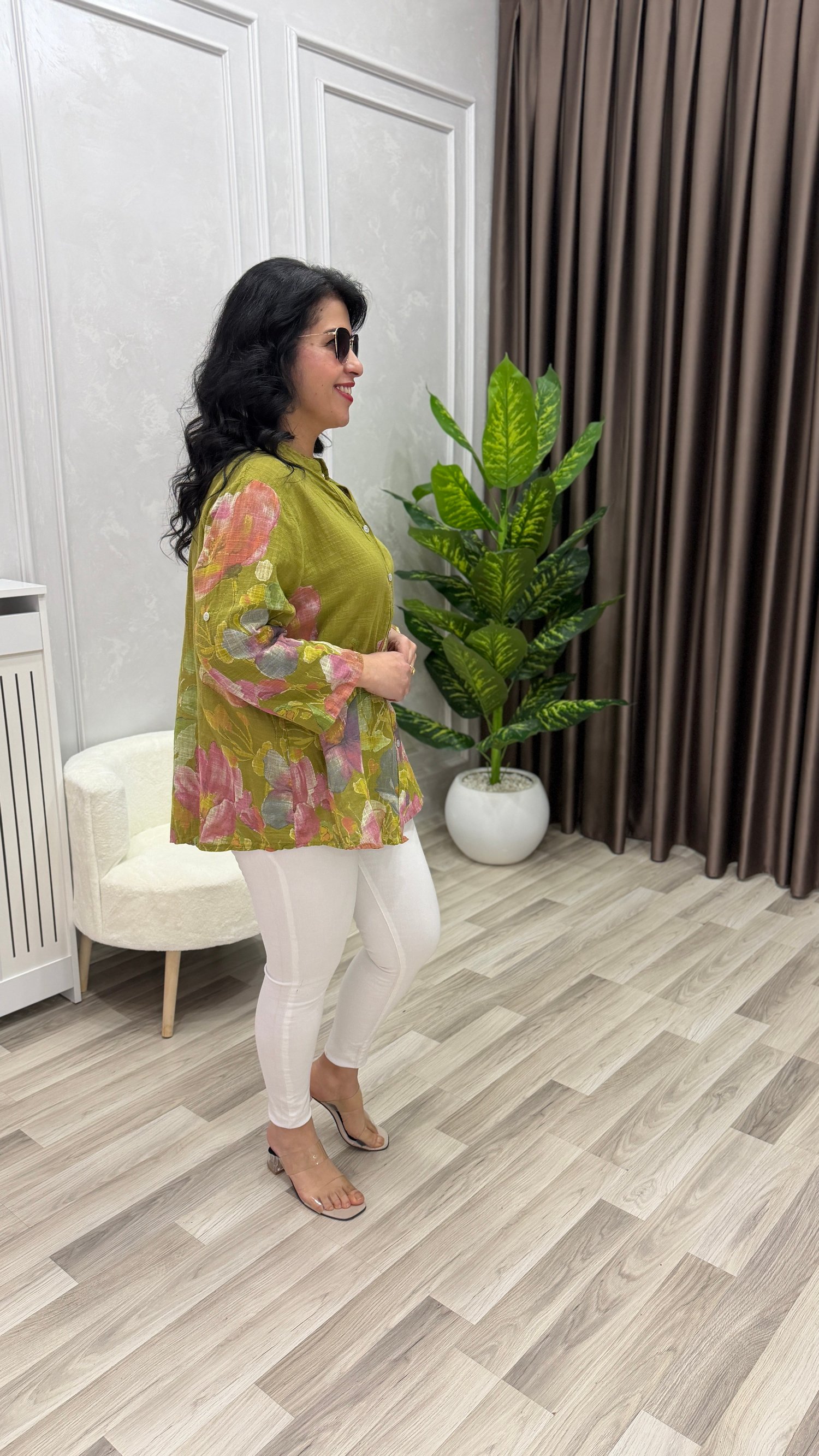 İTALYAN MODEL DESENLİ GÖMLEK YAĞ YEŞİLİ