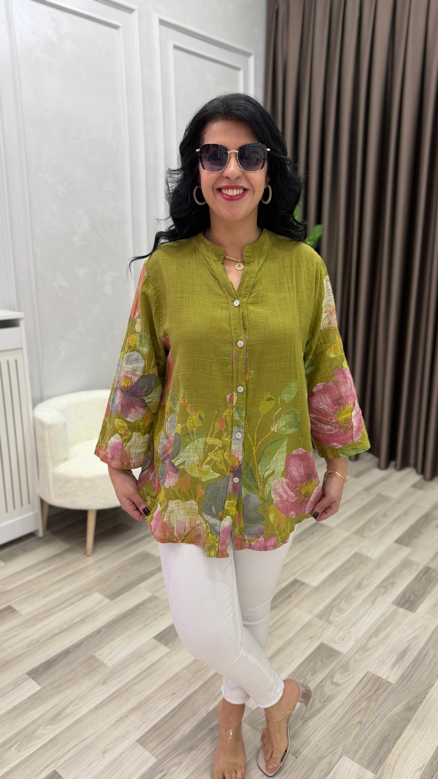 İTALYAN MODEL DESENLİ GÖMLEK YAĞ YEŞİLİ