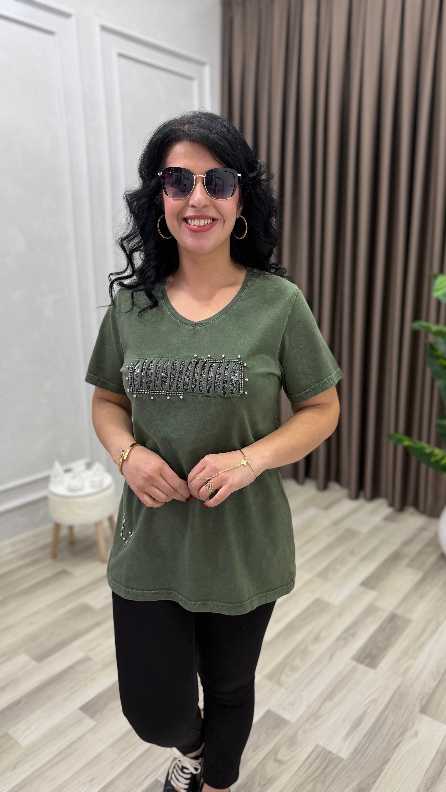 MONA BELLA DROP & PAYET TSHIRT HAKİ YEŞİLİ