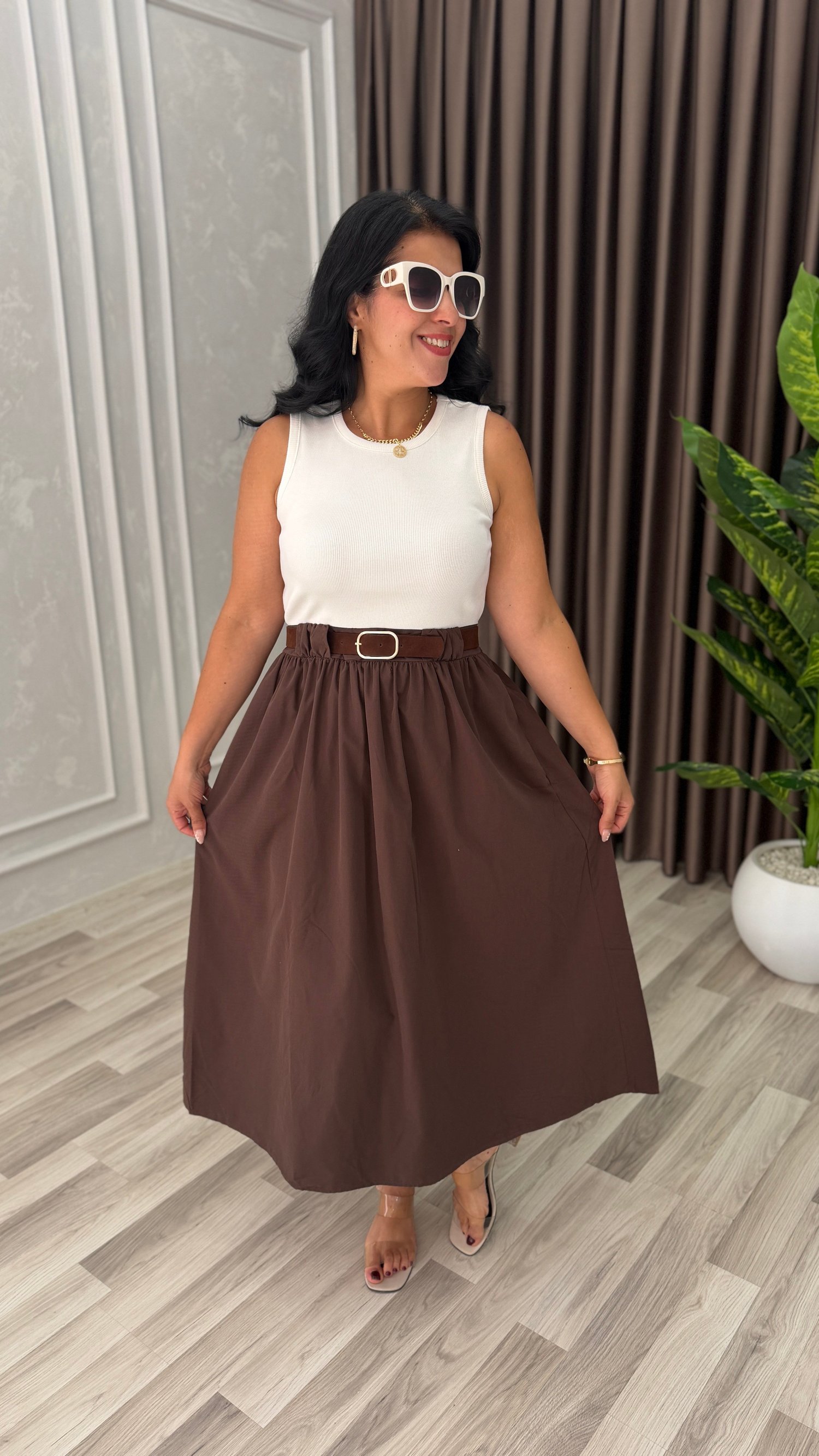 NATURA STYLE KEMERLİ ELBİSE KAHVERENGİ