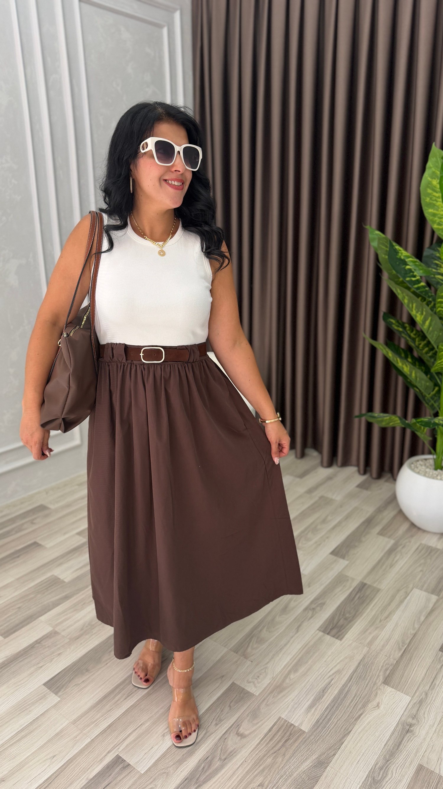 NATURA STYLE KEMERLİ ELBİSE KAHVERENGİ