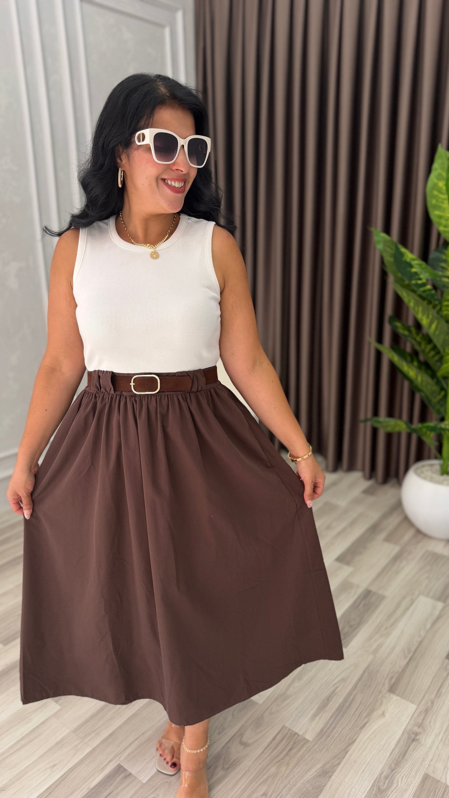 NATURA STYLE KEMERLİ ELBİSE KAHVERENGİ