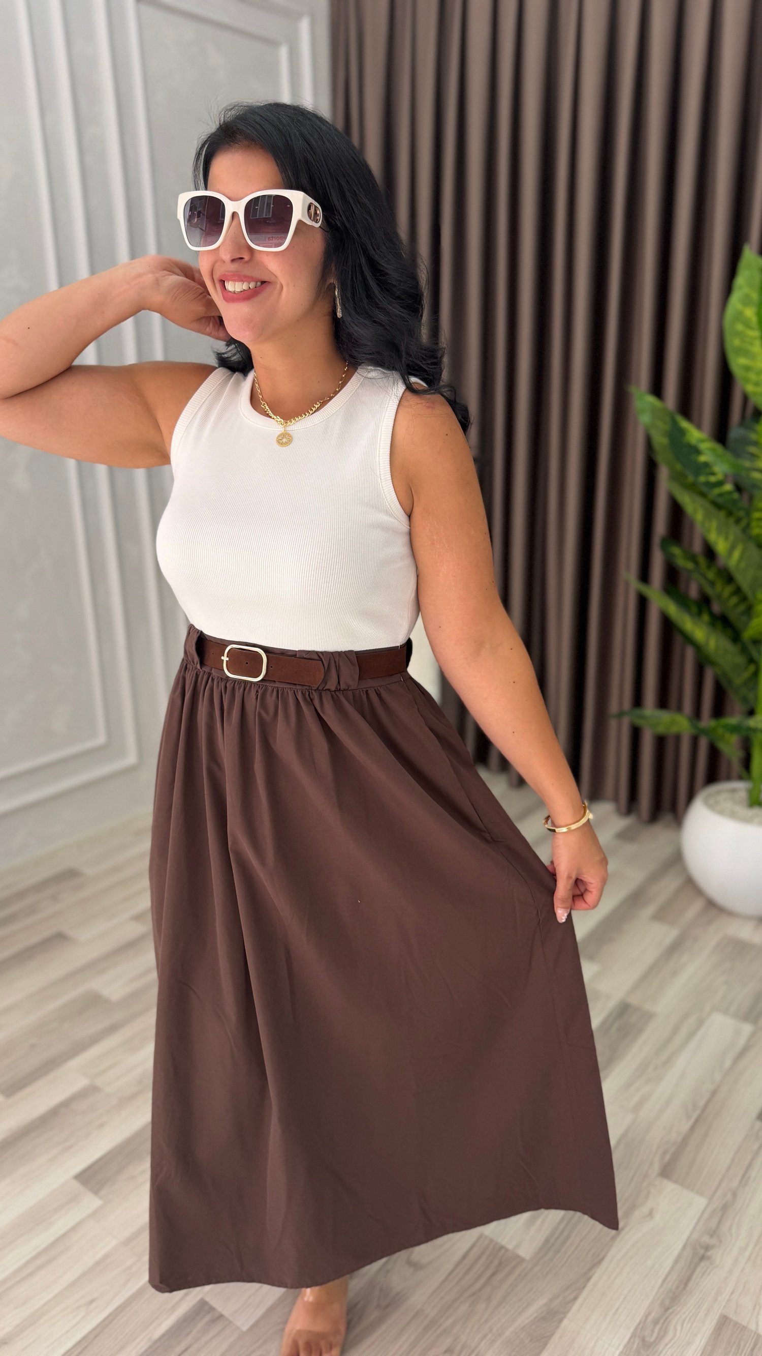 NATURA STYLE KEMERLİ ELBİSE KAHVERENGİ