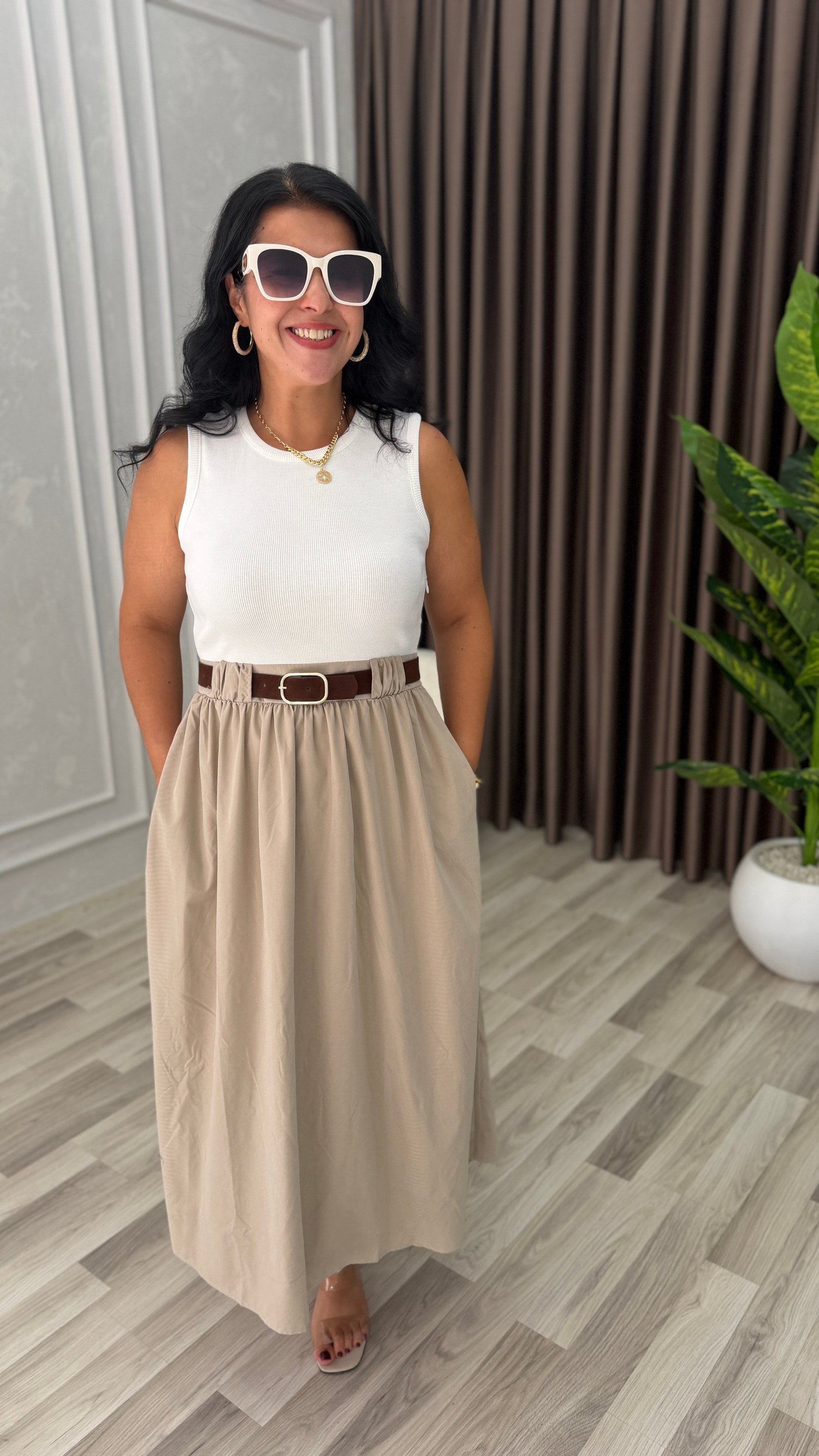 NATURA STYLE KEMERLİ ELBİSE KREM (BEJ)