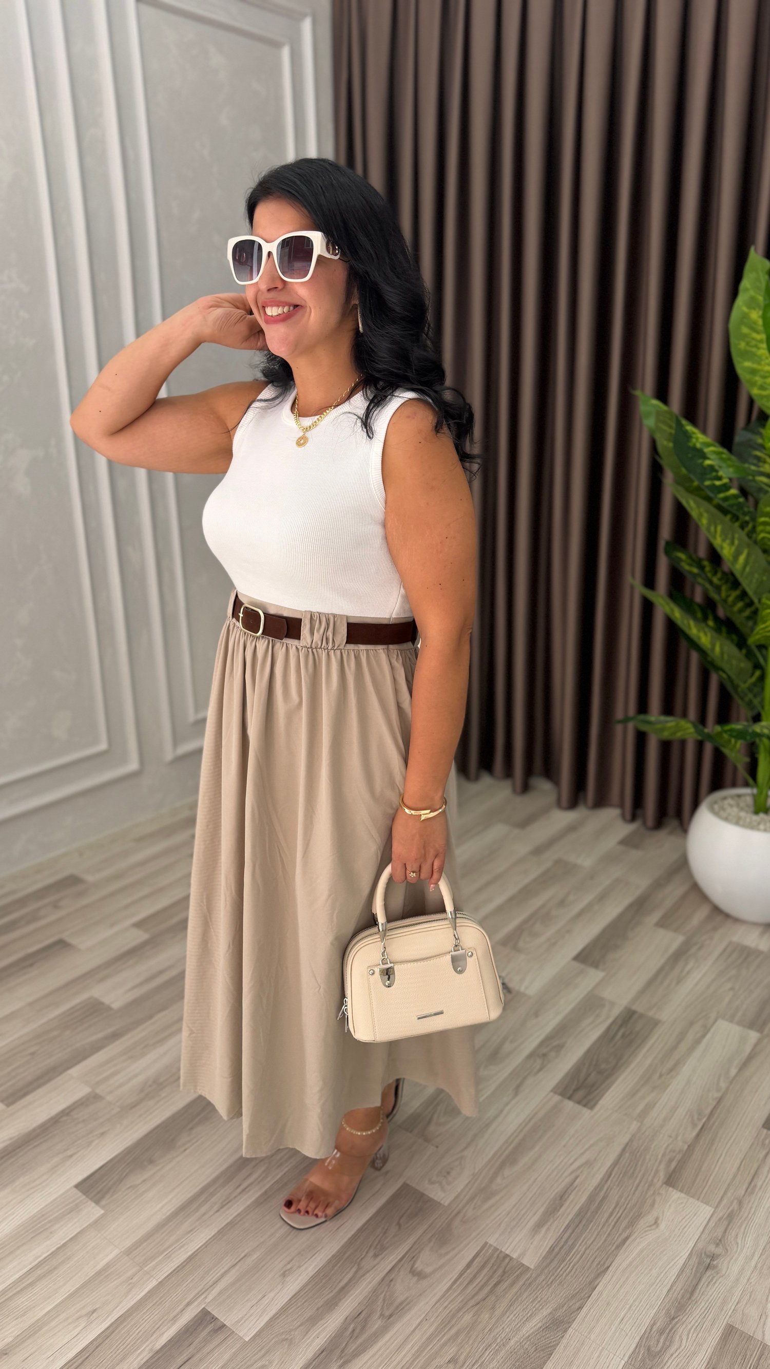 NATURA STYLE KEMERLİ ELBİSE KREM (BEJ)