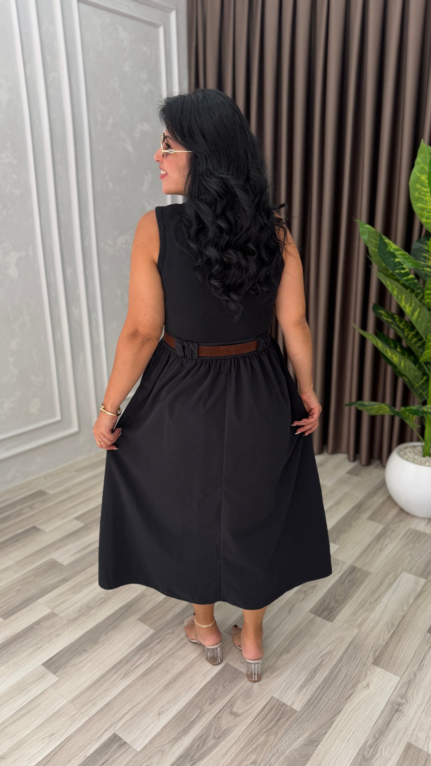 NATURA STYLE KEMERLİ ELBİSE SİYAH