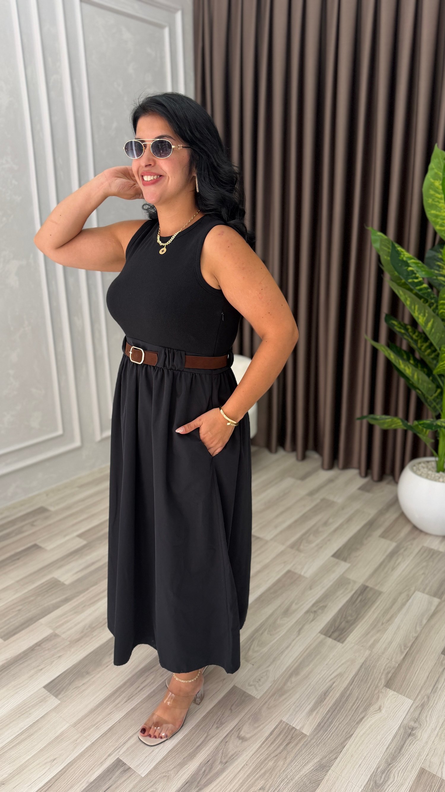 NATURA STYLE KEMERLİ ELBİSE SİYAH
