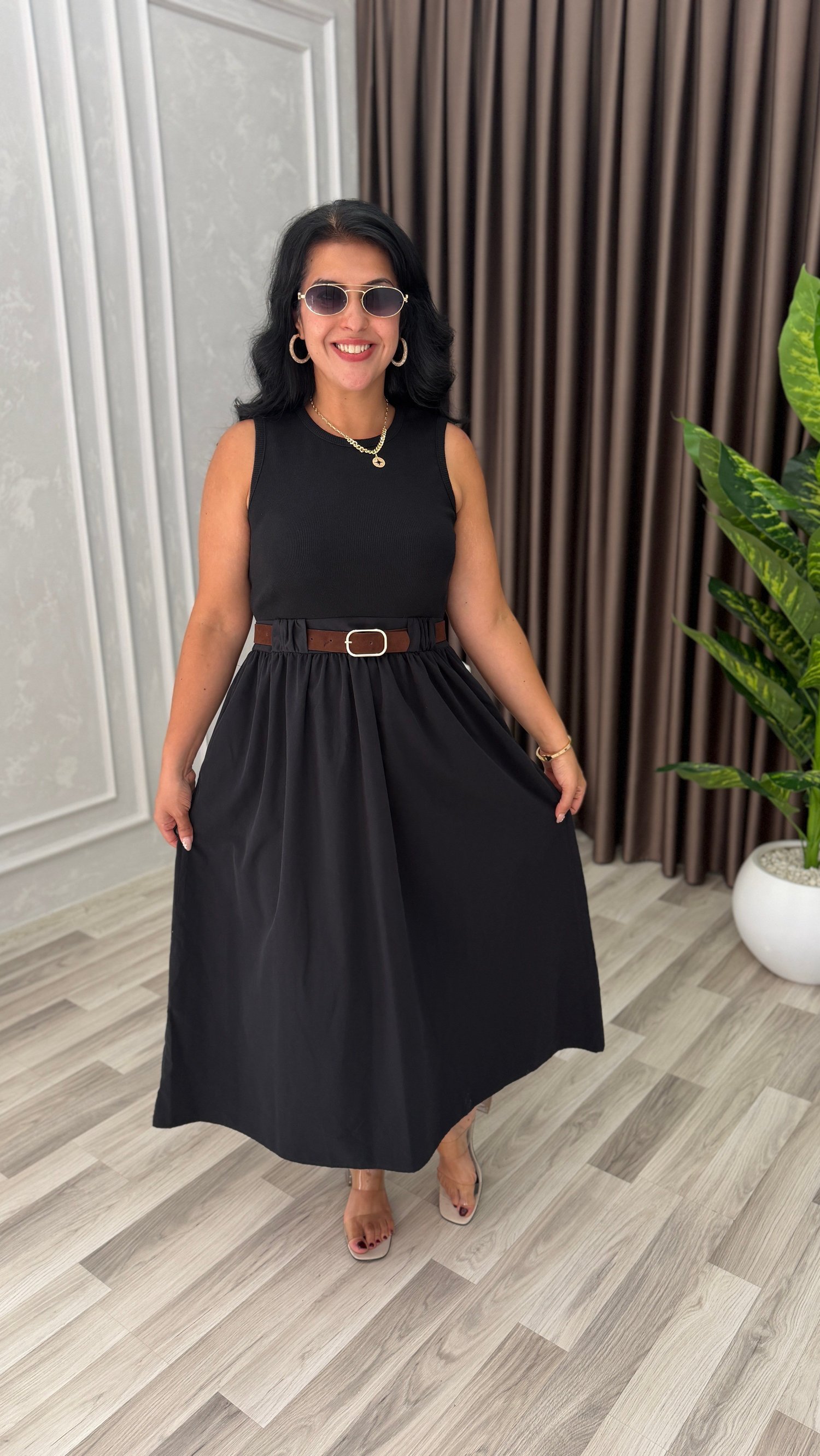 NATURA STYLE KEMERLİ ELBİSE SİYAH
