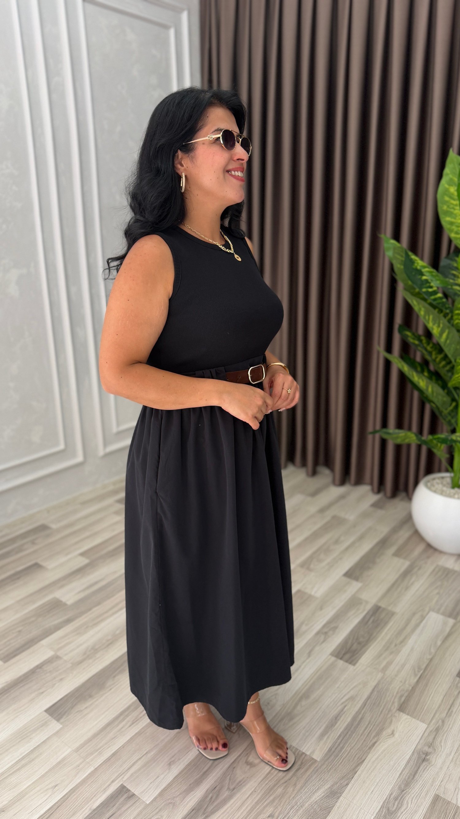 NATURA STYLE KEMERLİ ELBİSE SİYAH
