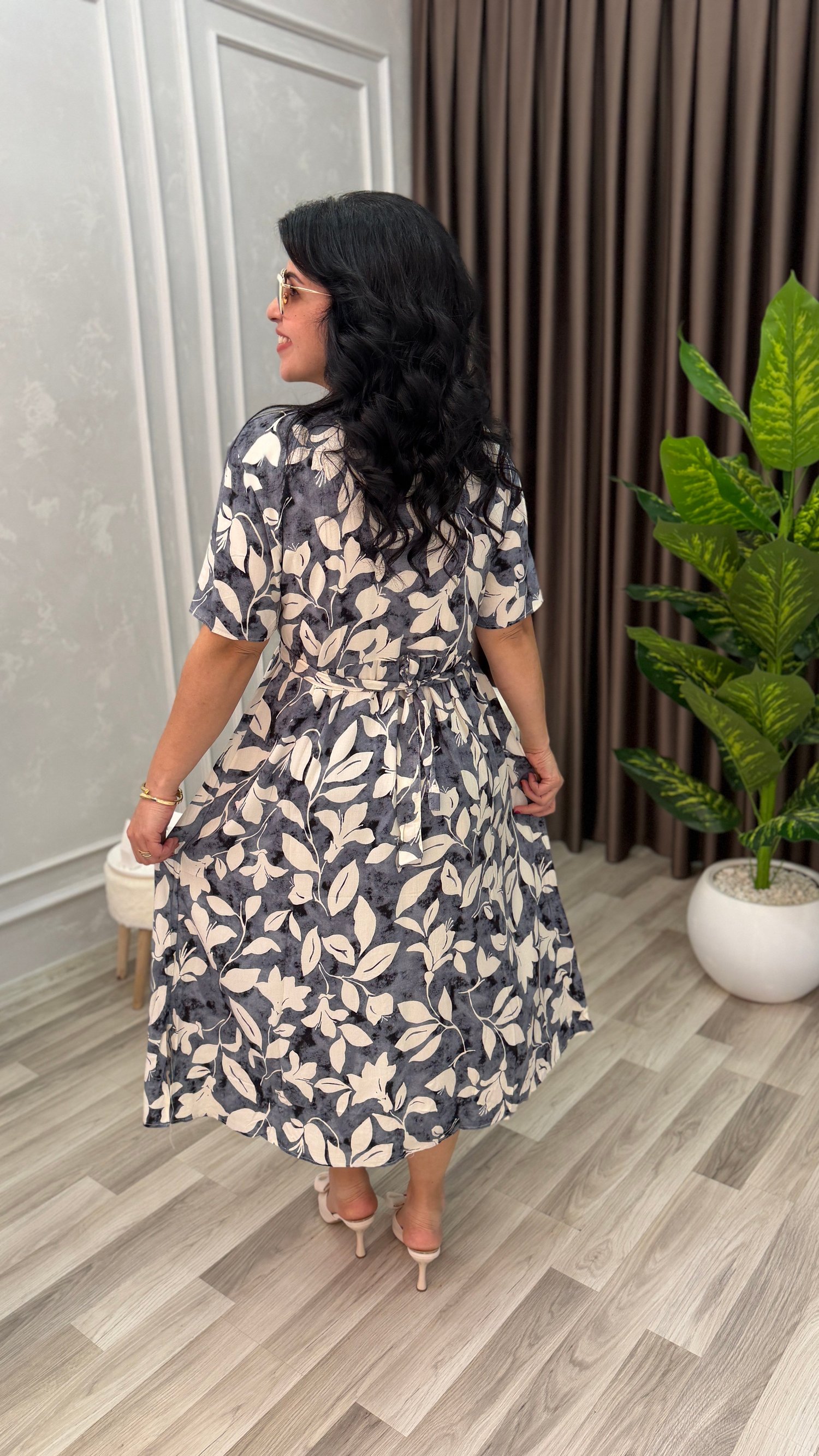 NATURAL TOUCH ELBİSE GRİ YAPRAK DESEN