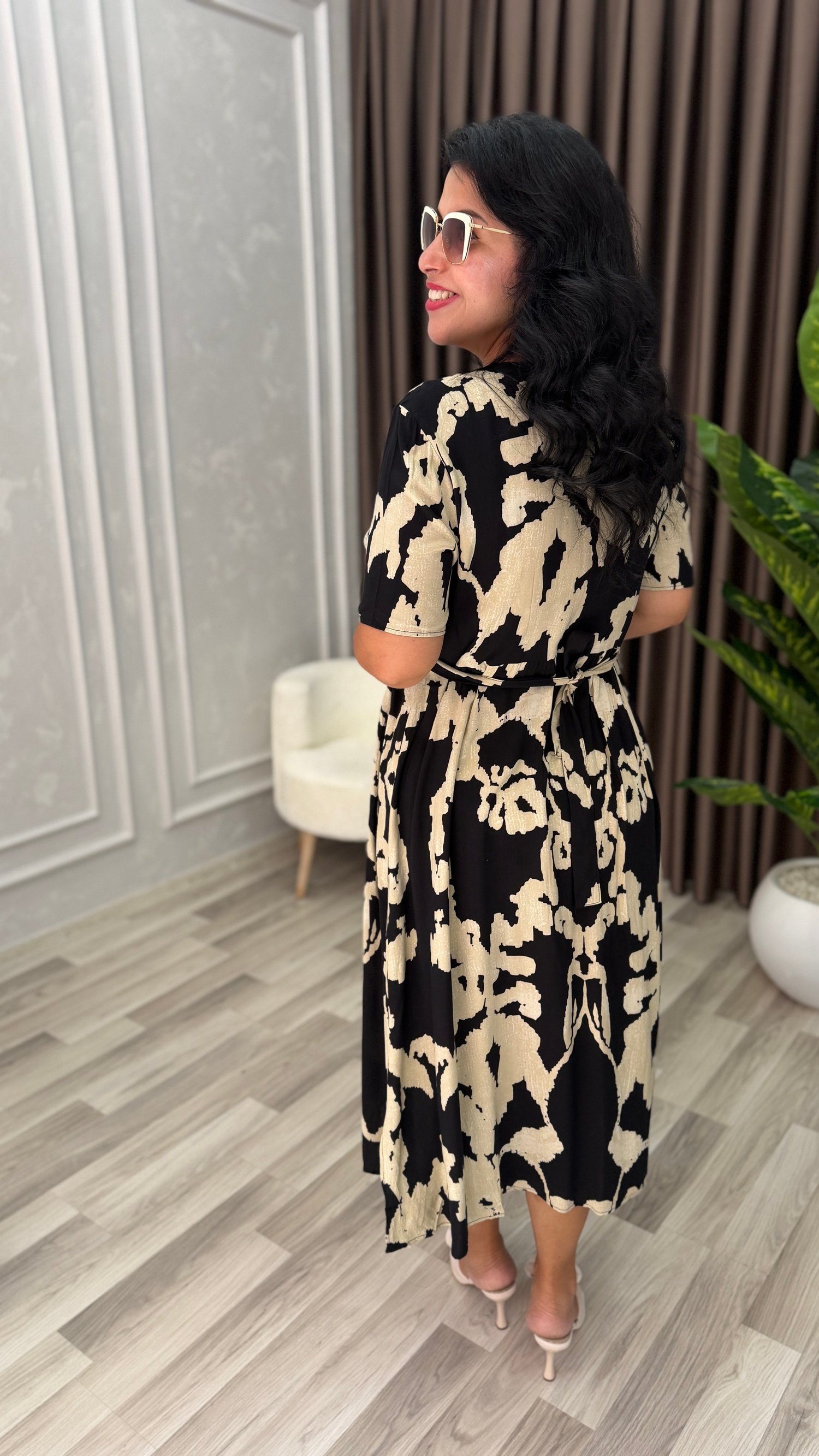 NATURAL TOUCH ELBİSE SİYAH KREM DESENLİ