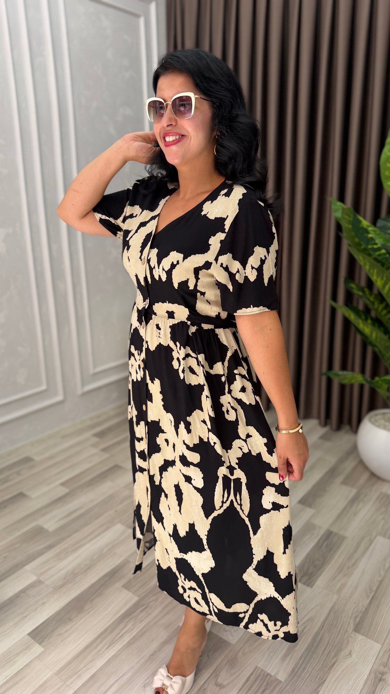 NATURAL TOUCH ELBİSE SİYAH KREM DESENLİ