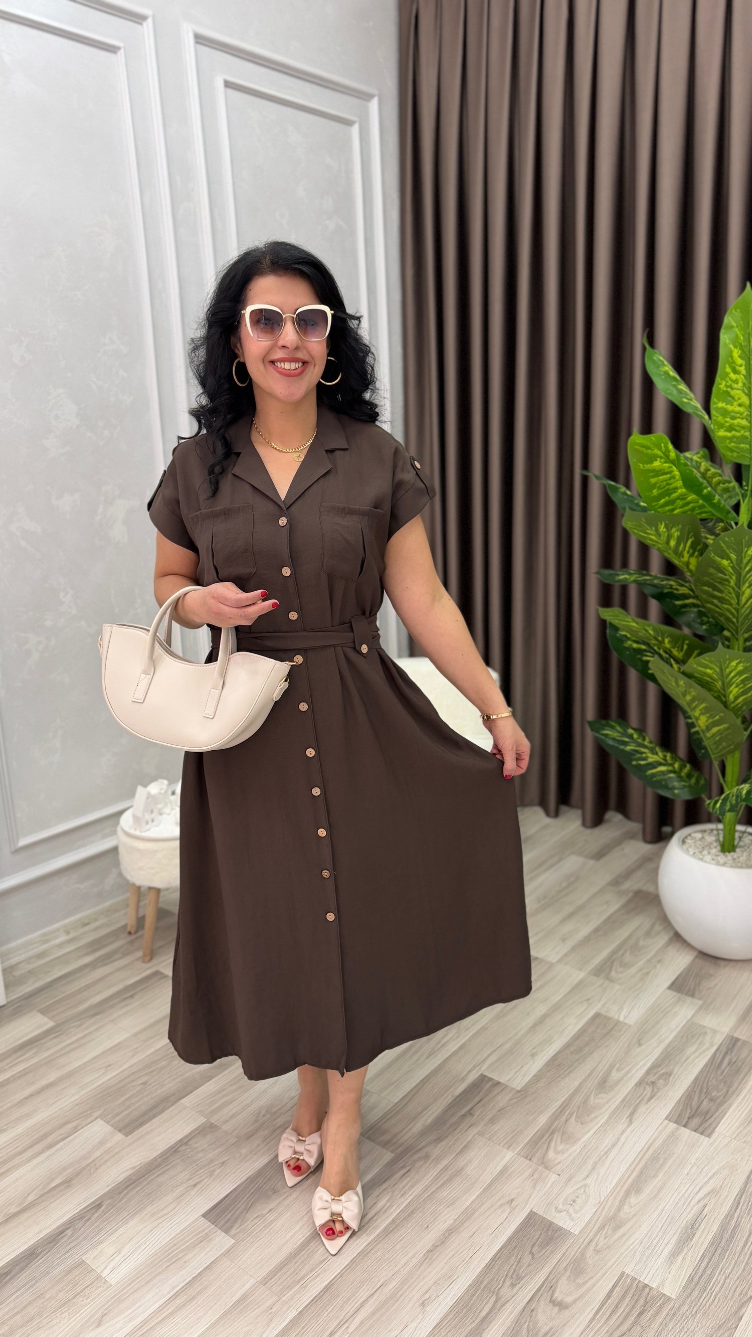 PLUS STYLE KETEN ELBİSE KAHVERENGİ