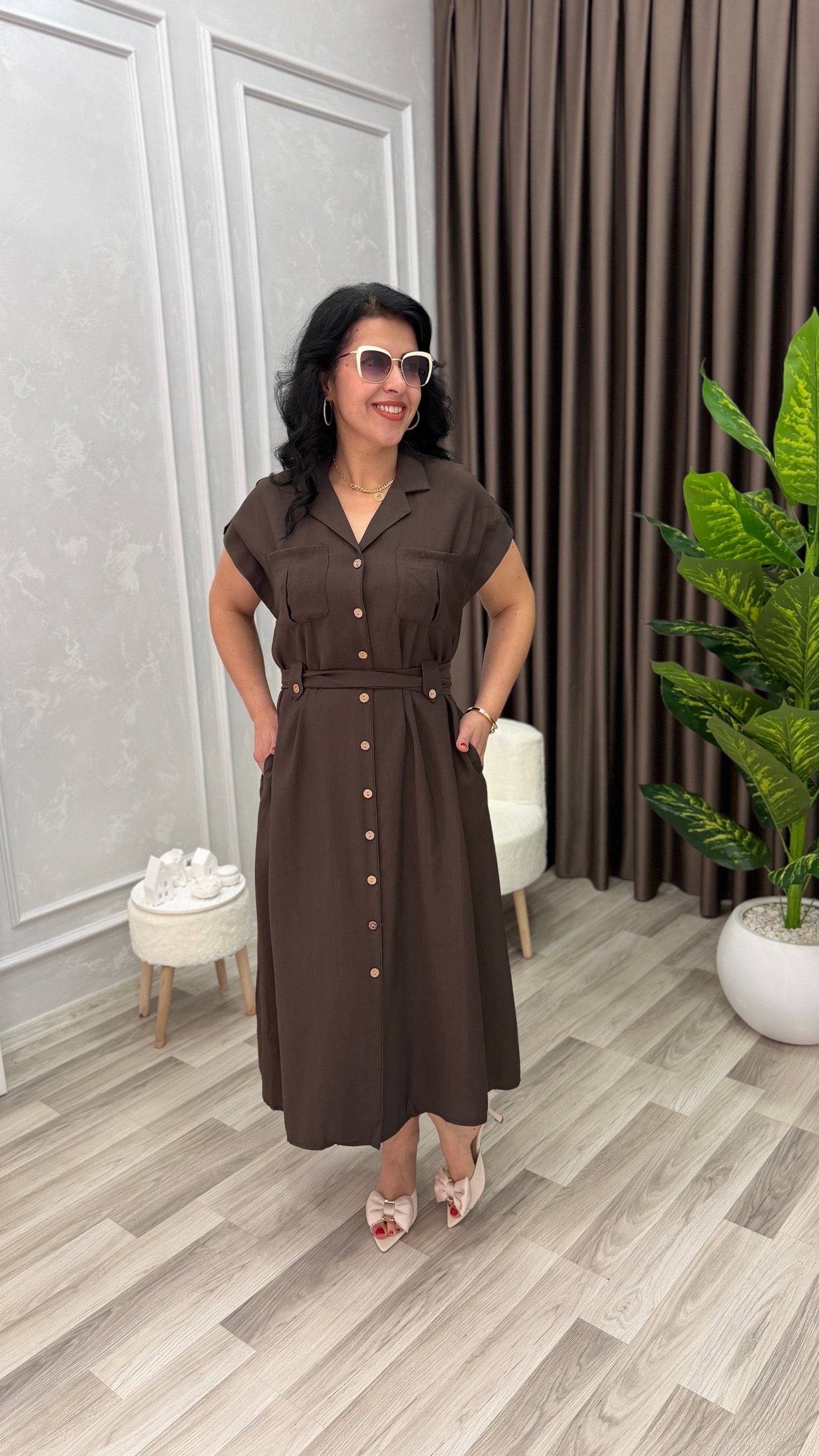 PLUS STYLE KETEN ELBİSE KAHVERENGİ