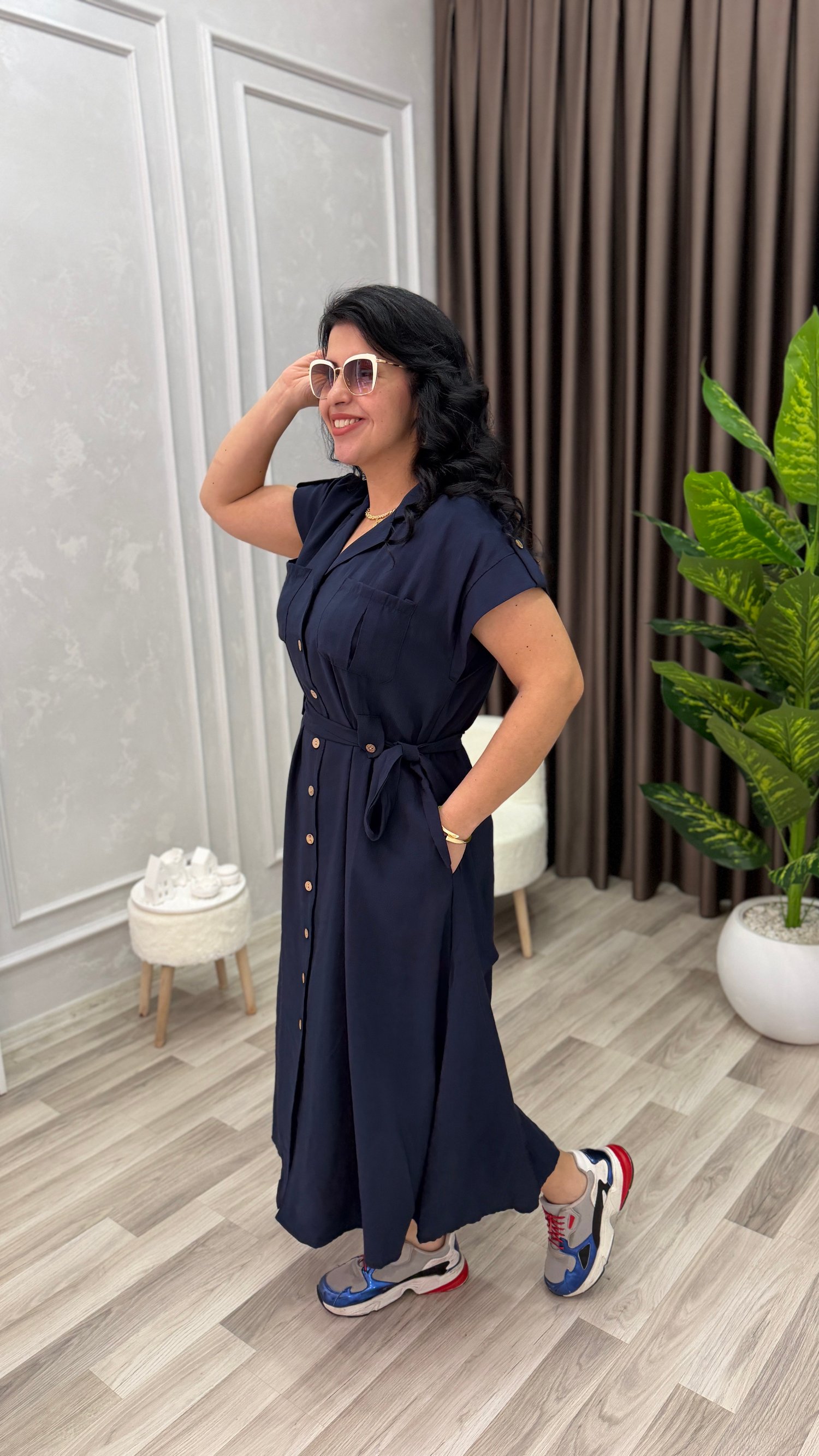 PLUS STYLE KETEN ELBİSE LACİVERT