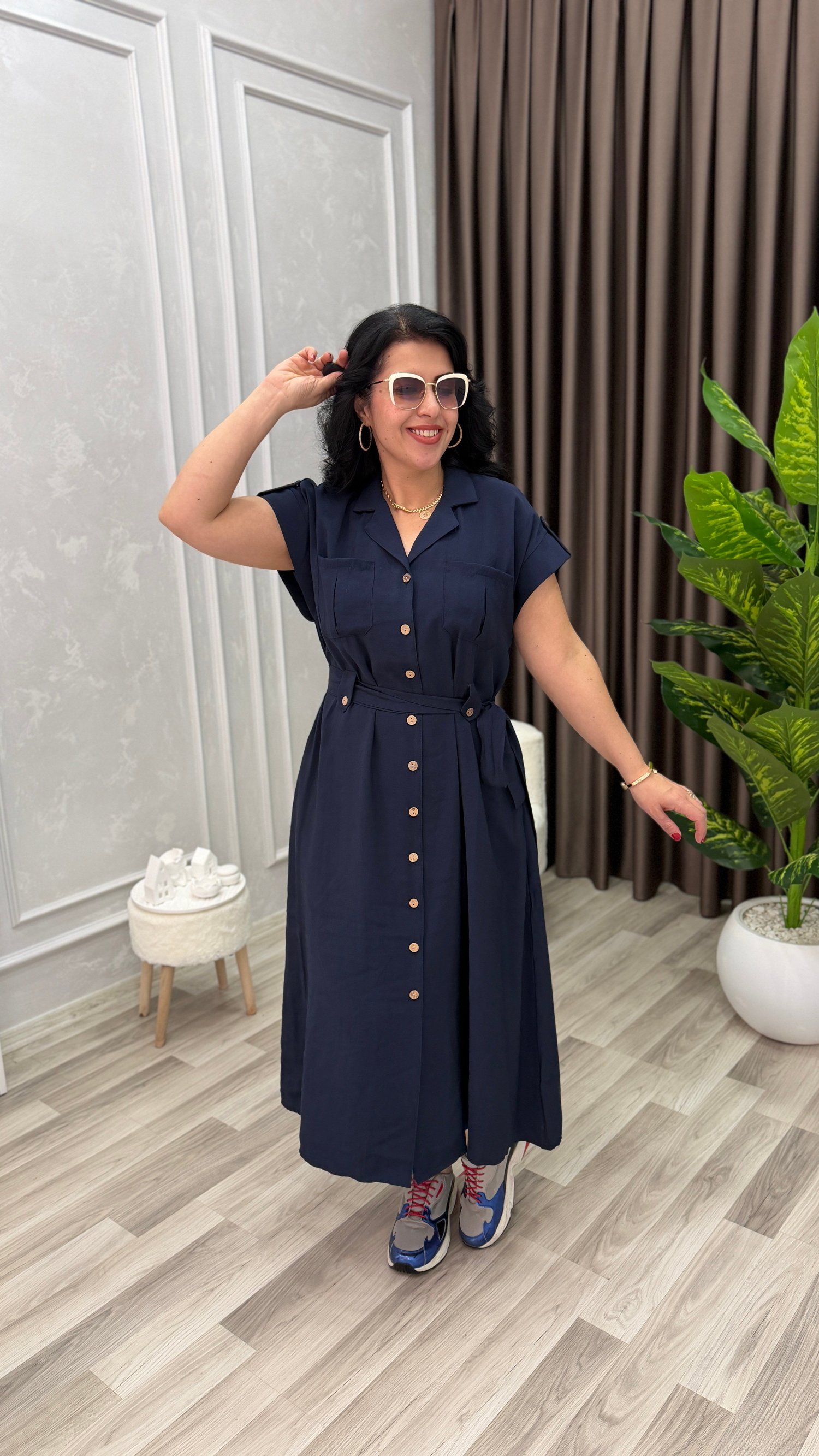 PLUS STYLE KETEN ELBİSE LACİVERT