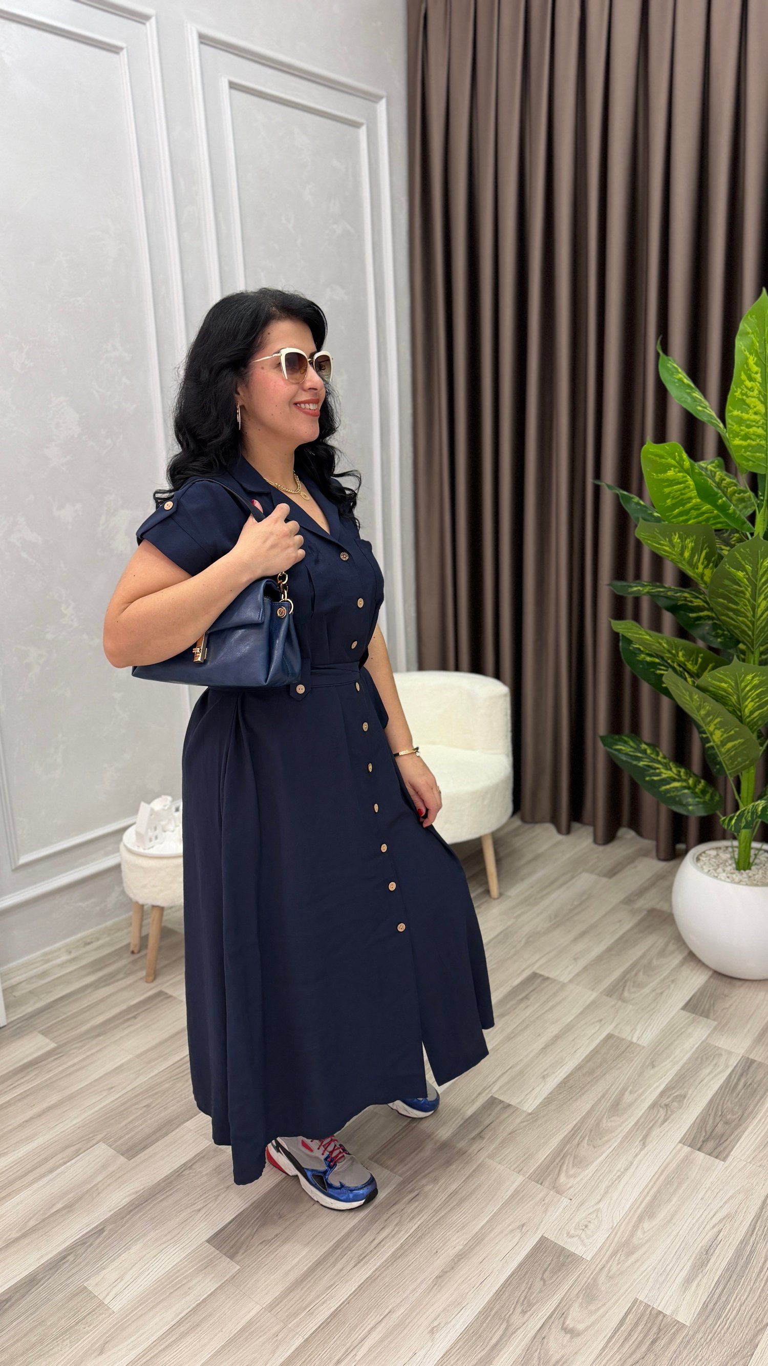 PLUS STYLE KETEN ELBİSE LACİVERT