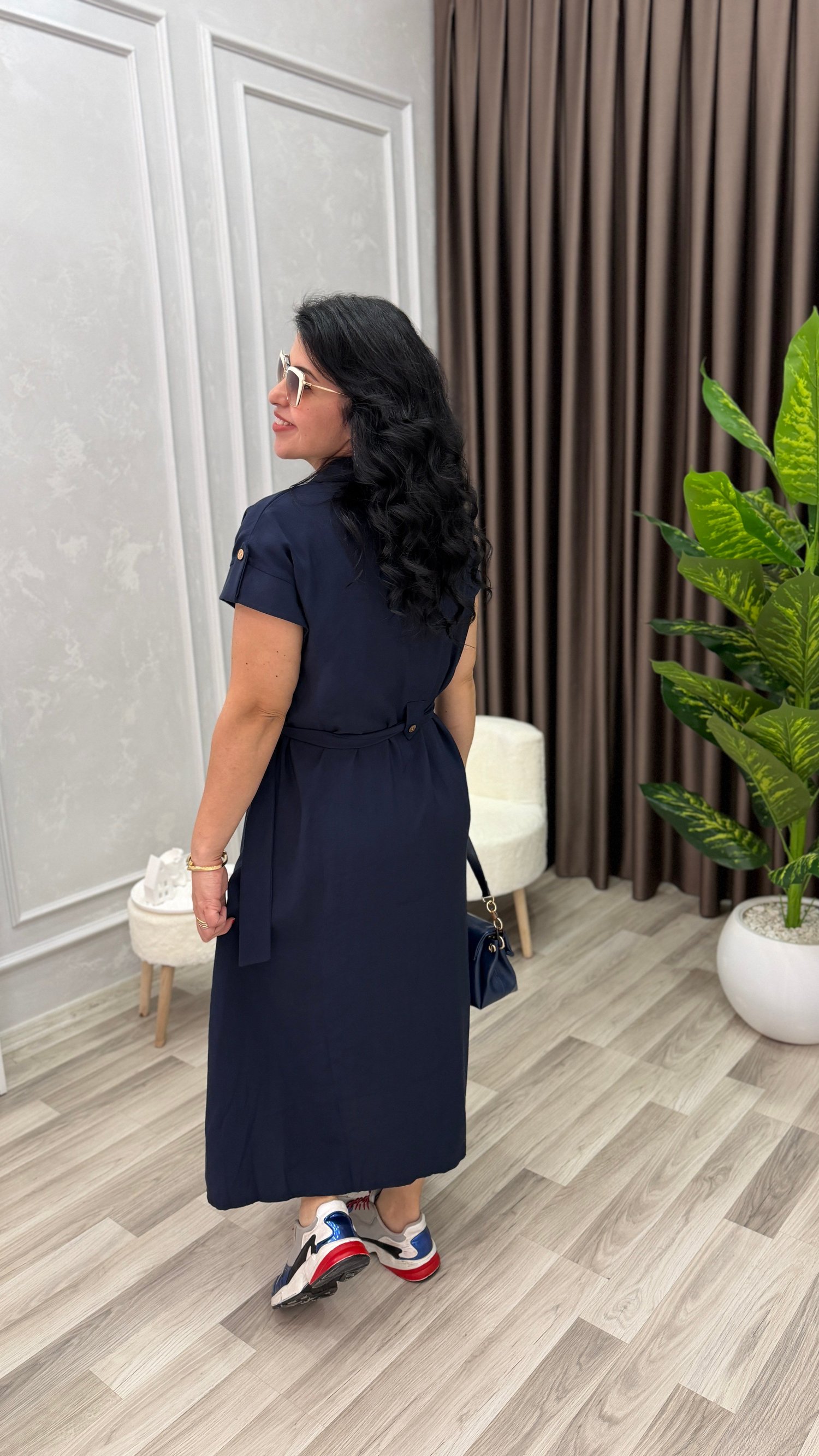 PLUS STYLE KETEN ELBİSE LACİVERT