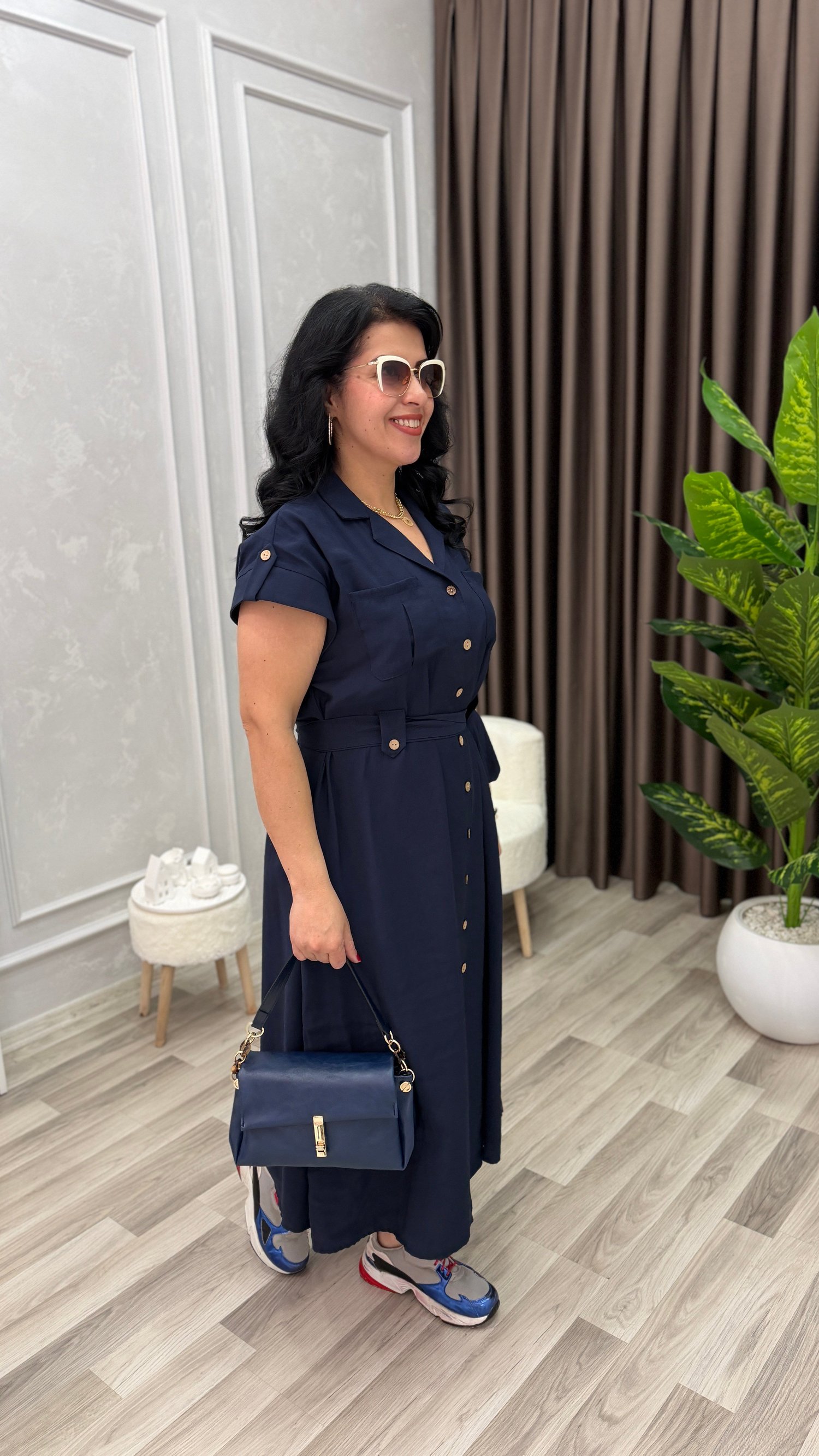 PLUS STYLE KETEN ELBİSE LACİVERT
