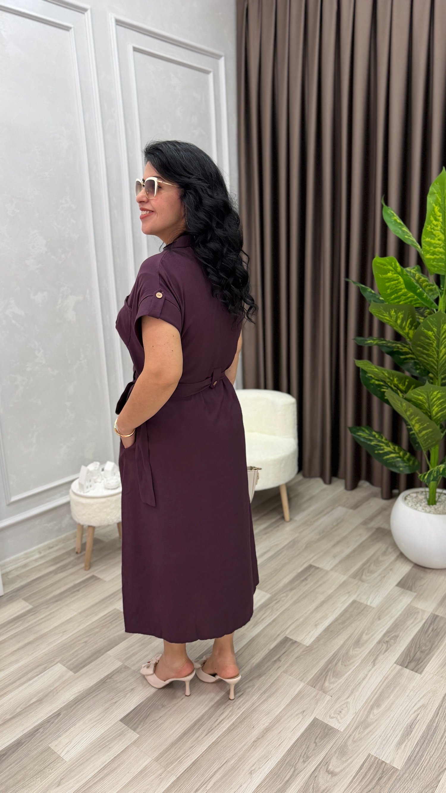 PLUS STYLE KETEN ELBİSE MÜRDÜM