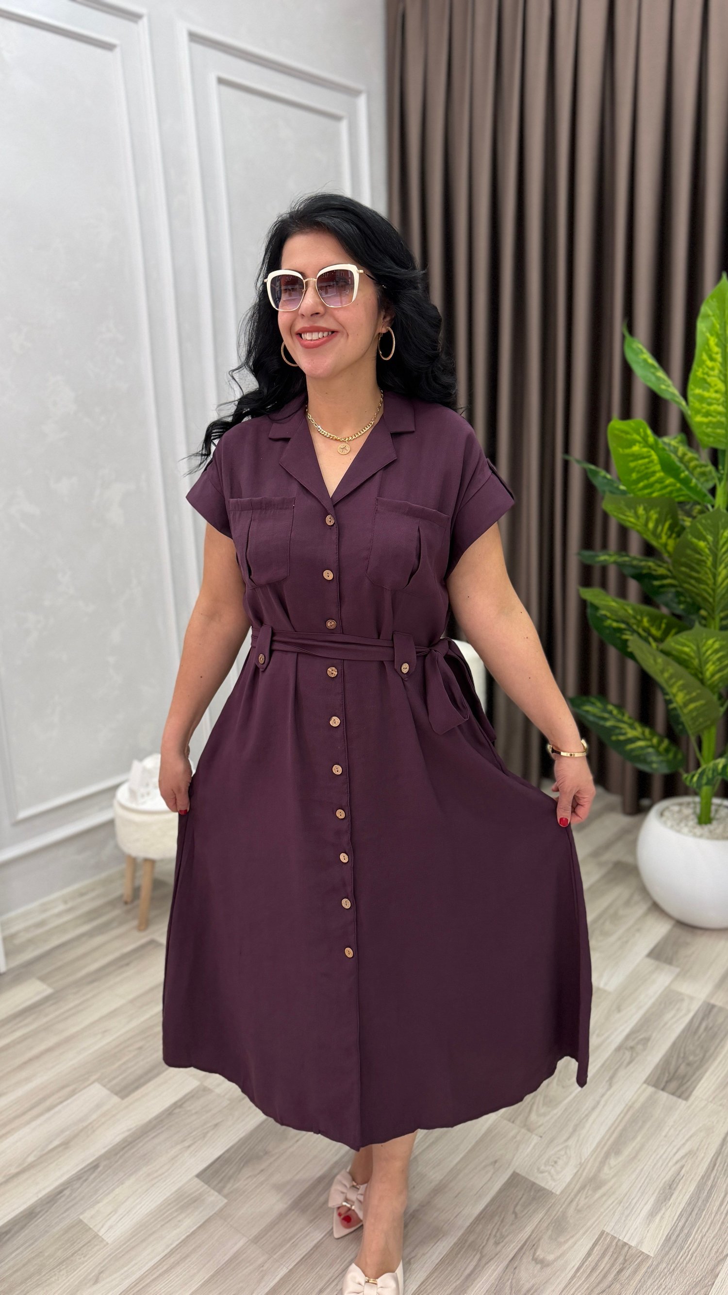 PLUS STYLE KETEN ELBİSE MÜRDÜM
