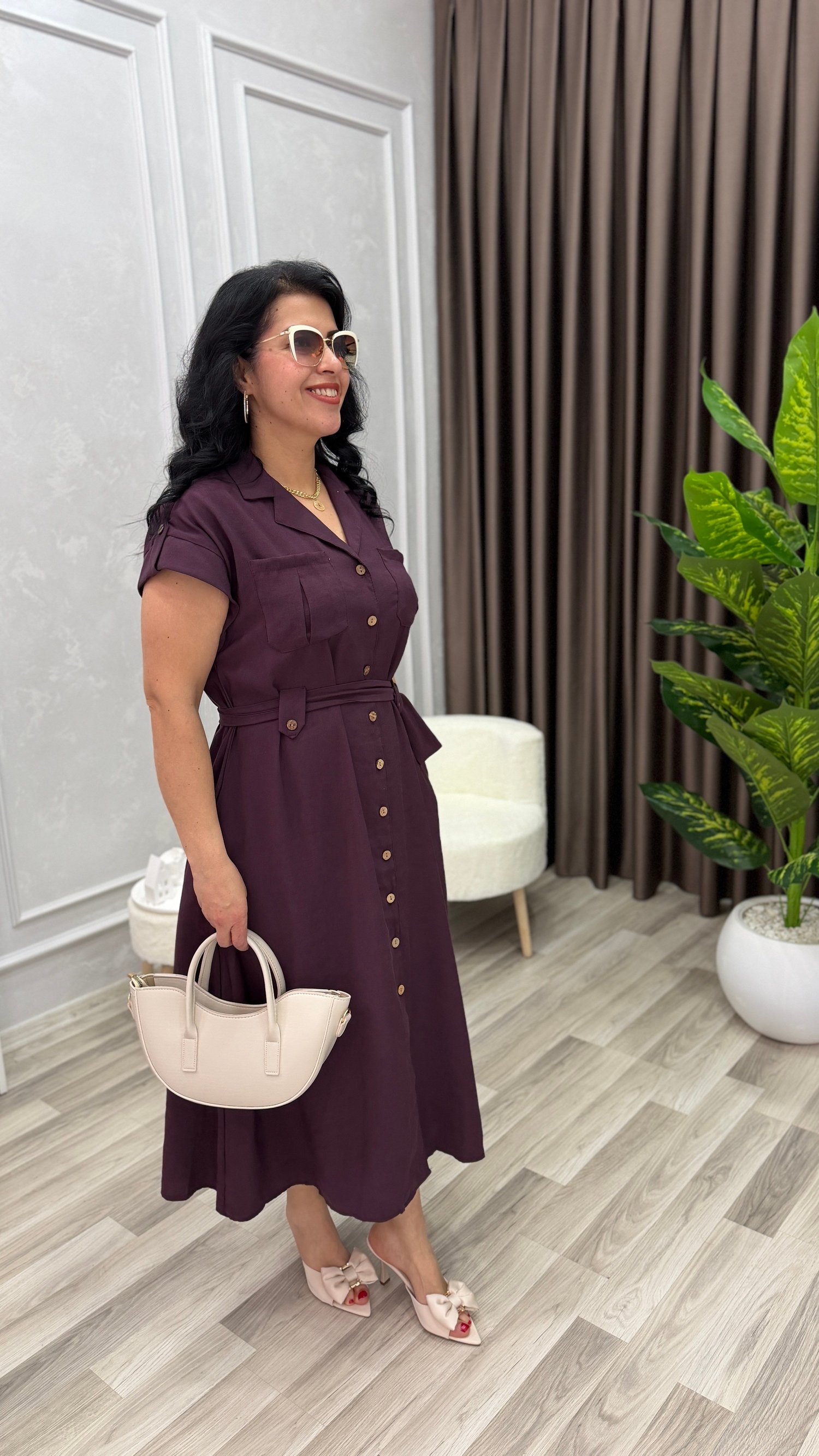 PLUS STYLE KETEN ELBİSE MÜRDÜM