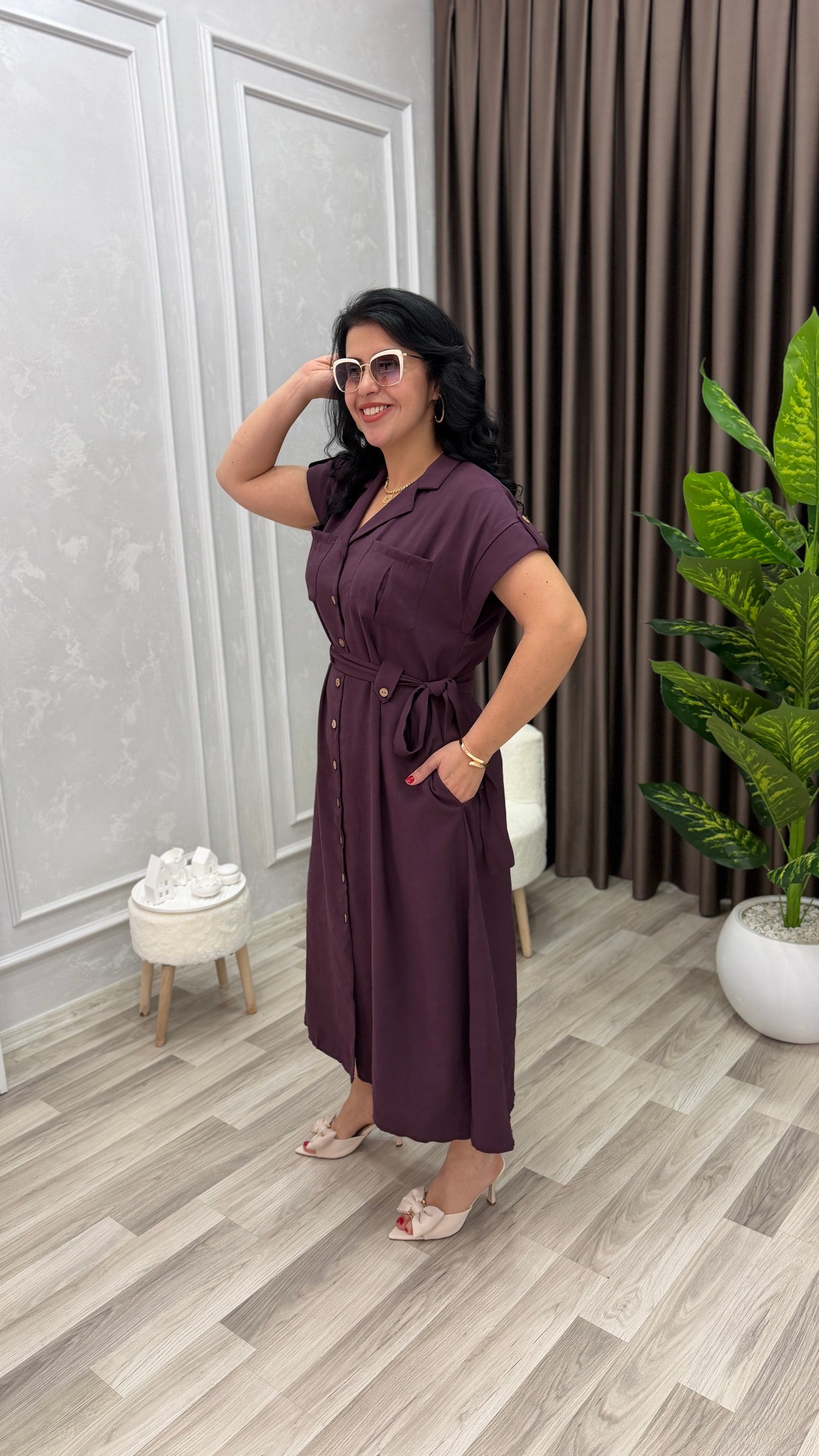PLUS STYLE KETEN ELBİSE MÜRDÜM