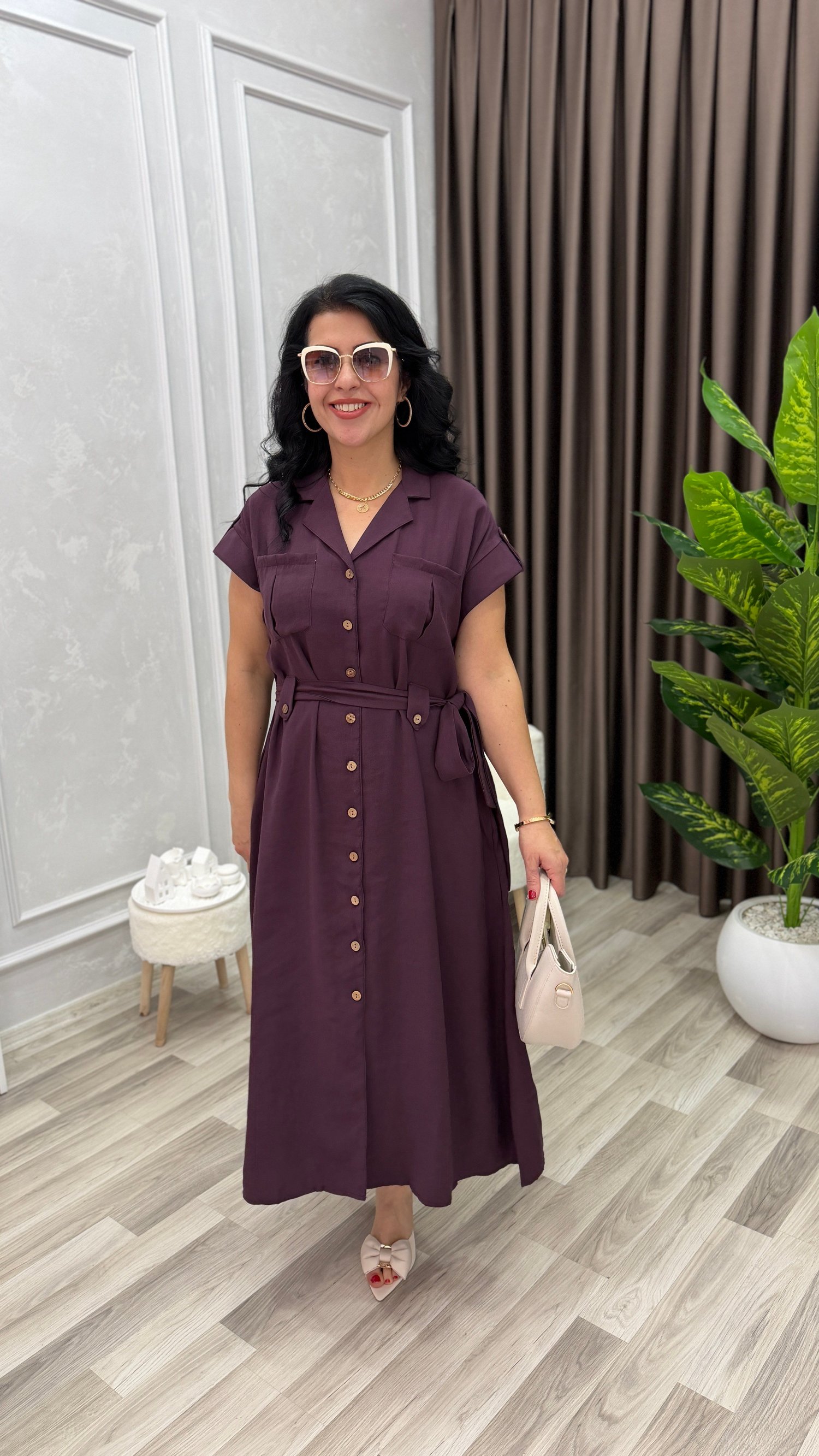PLUS STYLE KETEN ELBİSE MÜRDÜM