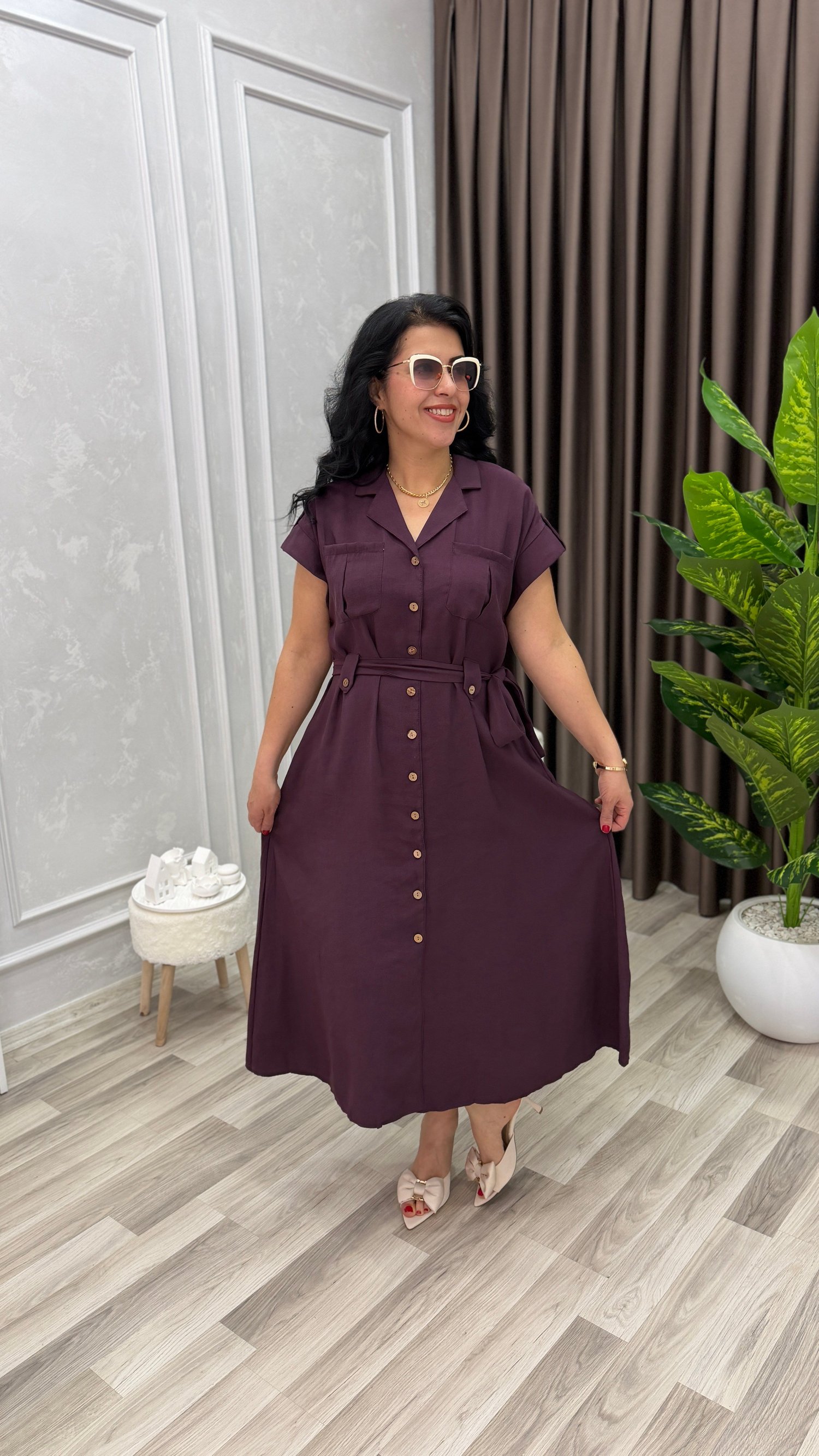 PLUS STYLE KETEN ELBİSE MÜRDÜM