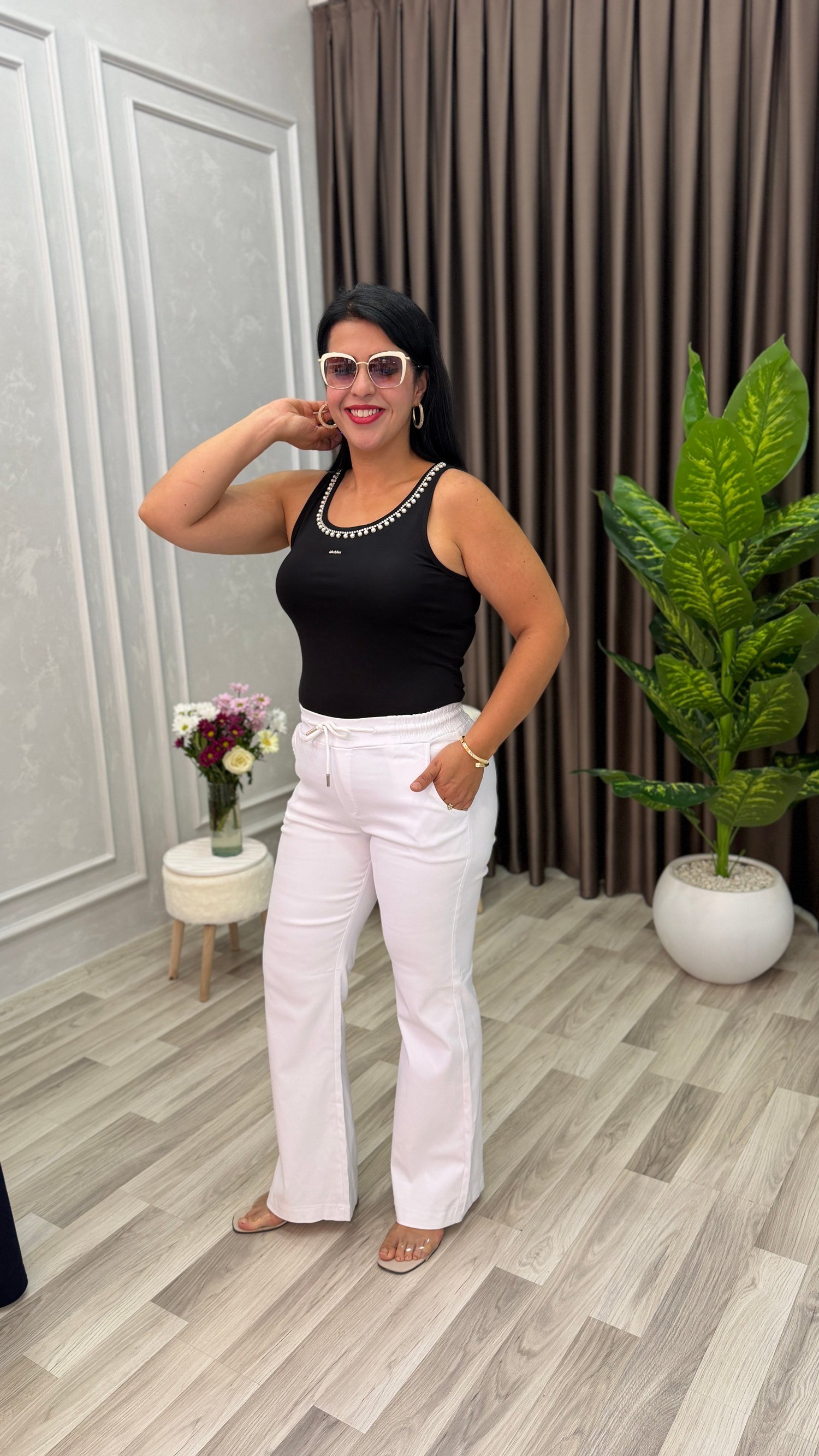 SHINE UP PALAZZO MODEL KETEN PANTOLON BEYAZ
