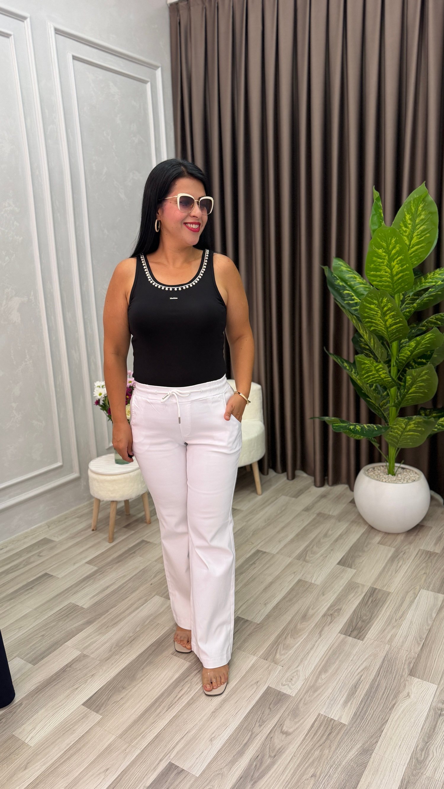 SHINE UP PALAZZO MODEL KETEN PANTOLON BEYAZ