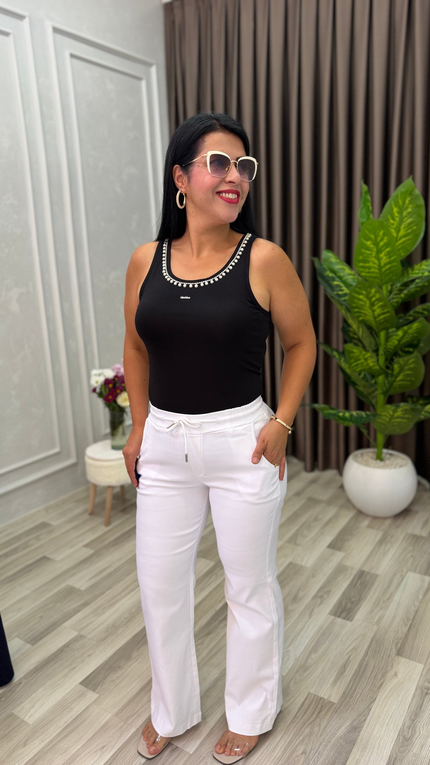 SHINE UP PALAZZO MODEL KETEN PANTOLON BEYAZ