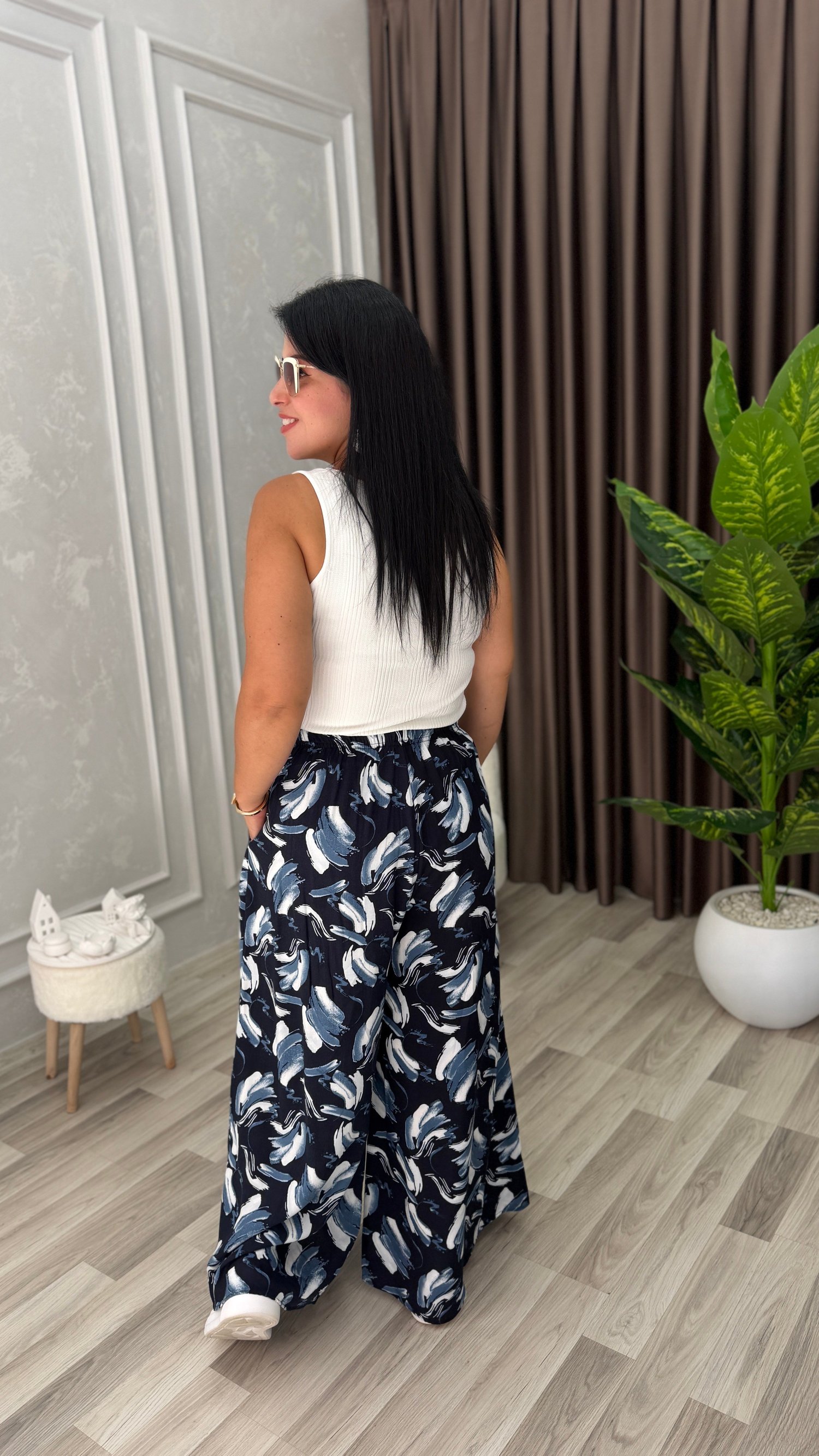 SOFT LINE PAMUK DOKUMA PANTOLON LACİVERT ZEMİN BEYAZ GRİ FIRÇA DESEN