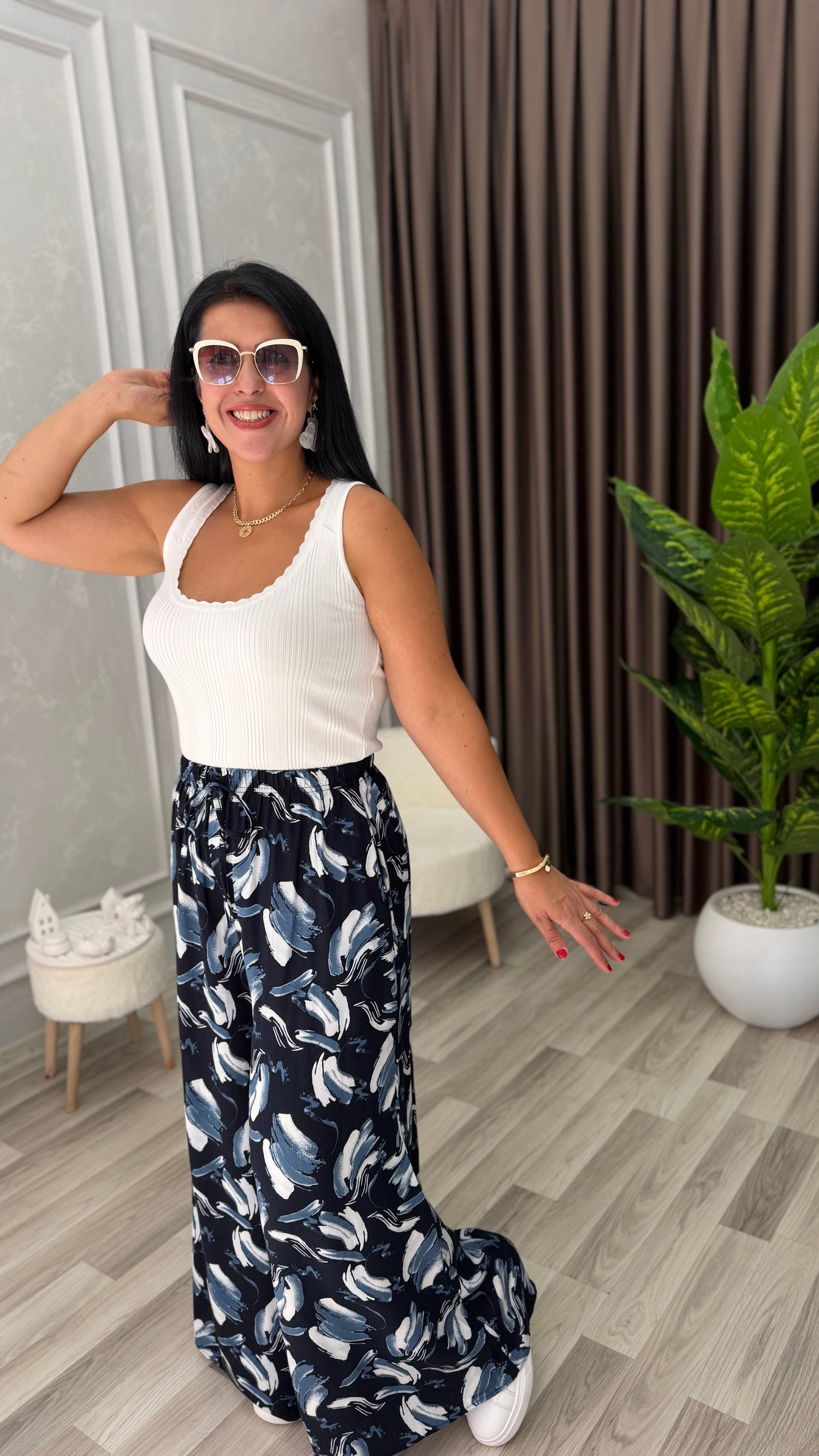 SOFT LINE PAMUK DOKUMA PANTOLON LACİVERT ZEMİN BEYAZ GRİ FIRÇA DESEN