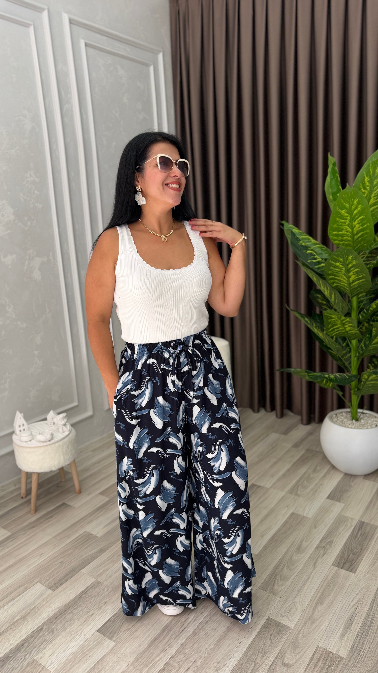 SOFT LINE PAMUK DOKUMA PANTOLON LACİVERT ZEMİN BEYAZ GRİ FIRÇA DESEN