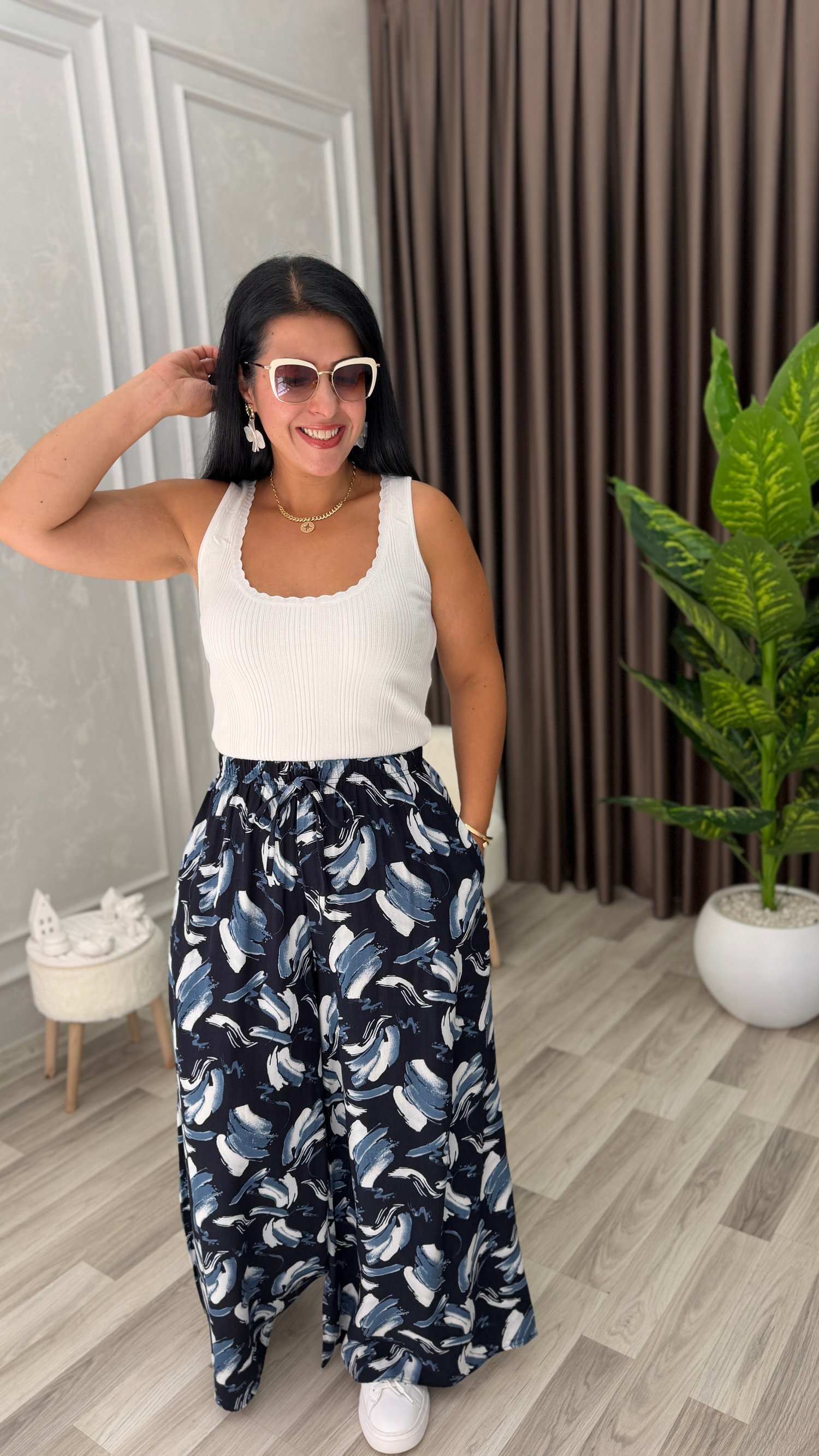 SOFT LINE PAMUK DOKUMA PANTOLON LACİVERT ZEMİN BEYAZ GRİ FIRÇA DESEN
