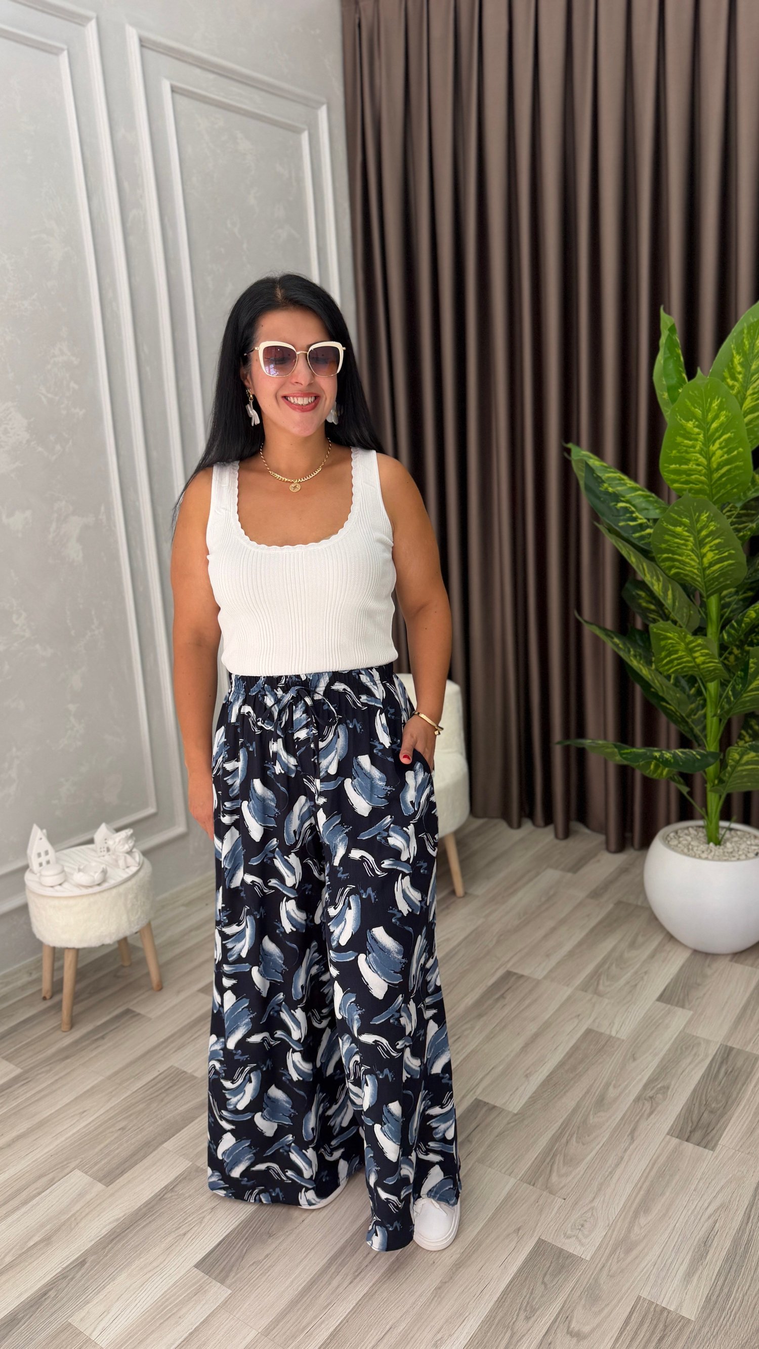 SOFT LINE PAMUK DOKUMA PANTOLON LACİVERT ZEMİN BEYAZ GRİ FIRÇA DESEN