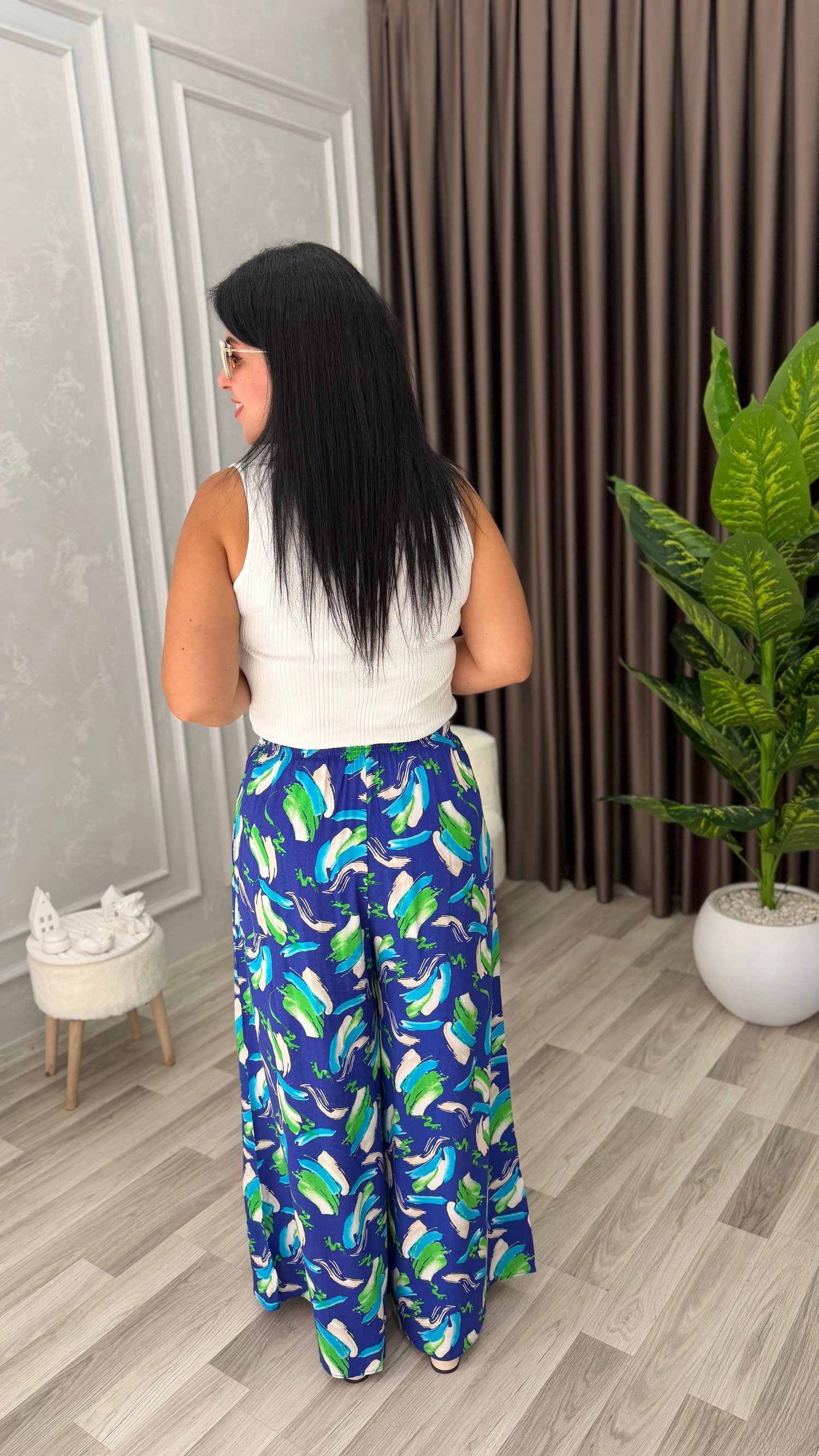 SOFT LINE PAMUK DOKUMA PANTOLON MAVİ ZEMİN YEŞİL BEYAZ FIRÇA DESEN