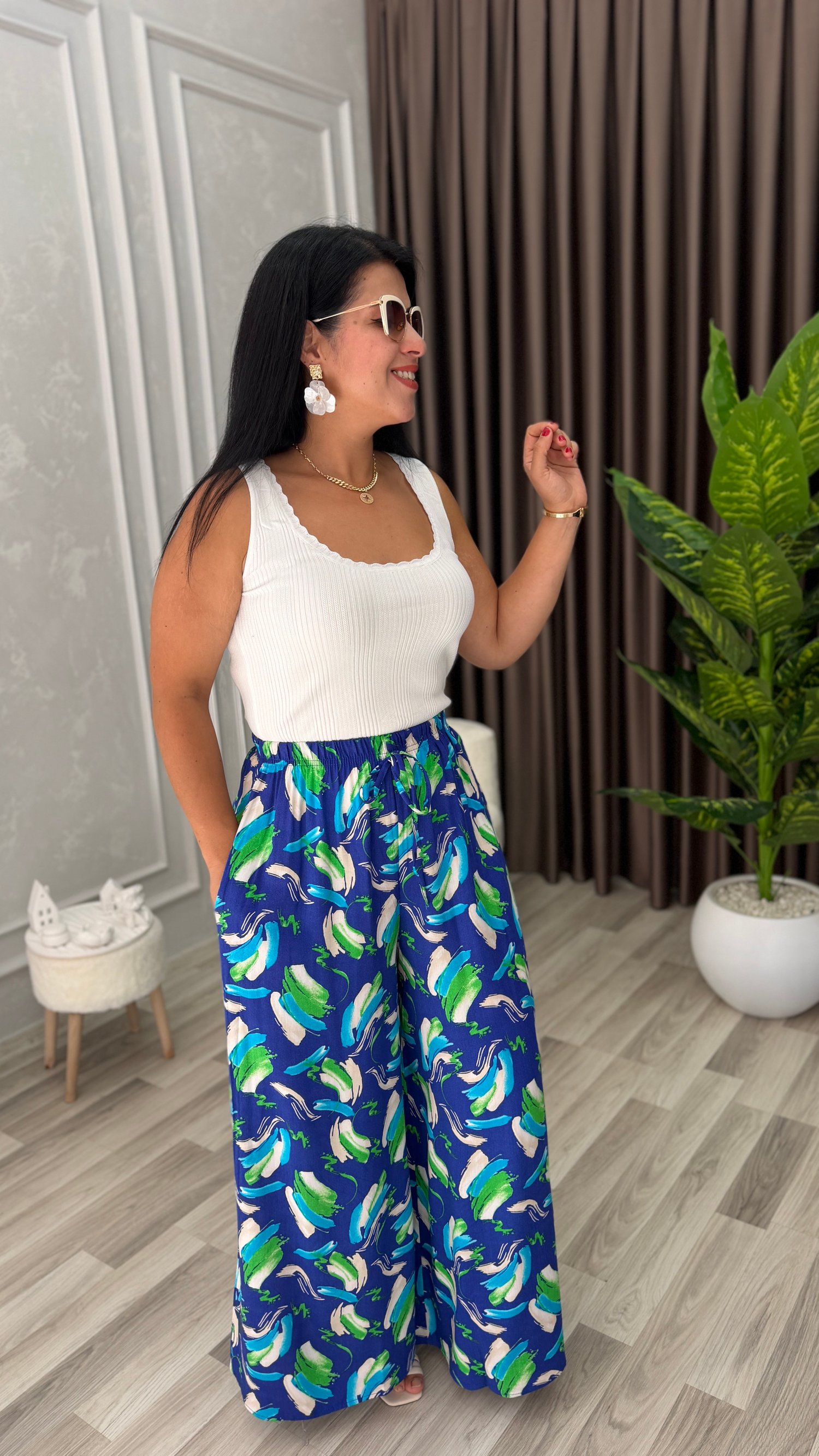 SOFT LINE PAMUK DOKUMA PANTOLON MAVİ ZEMİN YEŞİL BEYAZ FIRÇA DESEN
