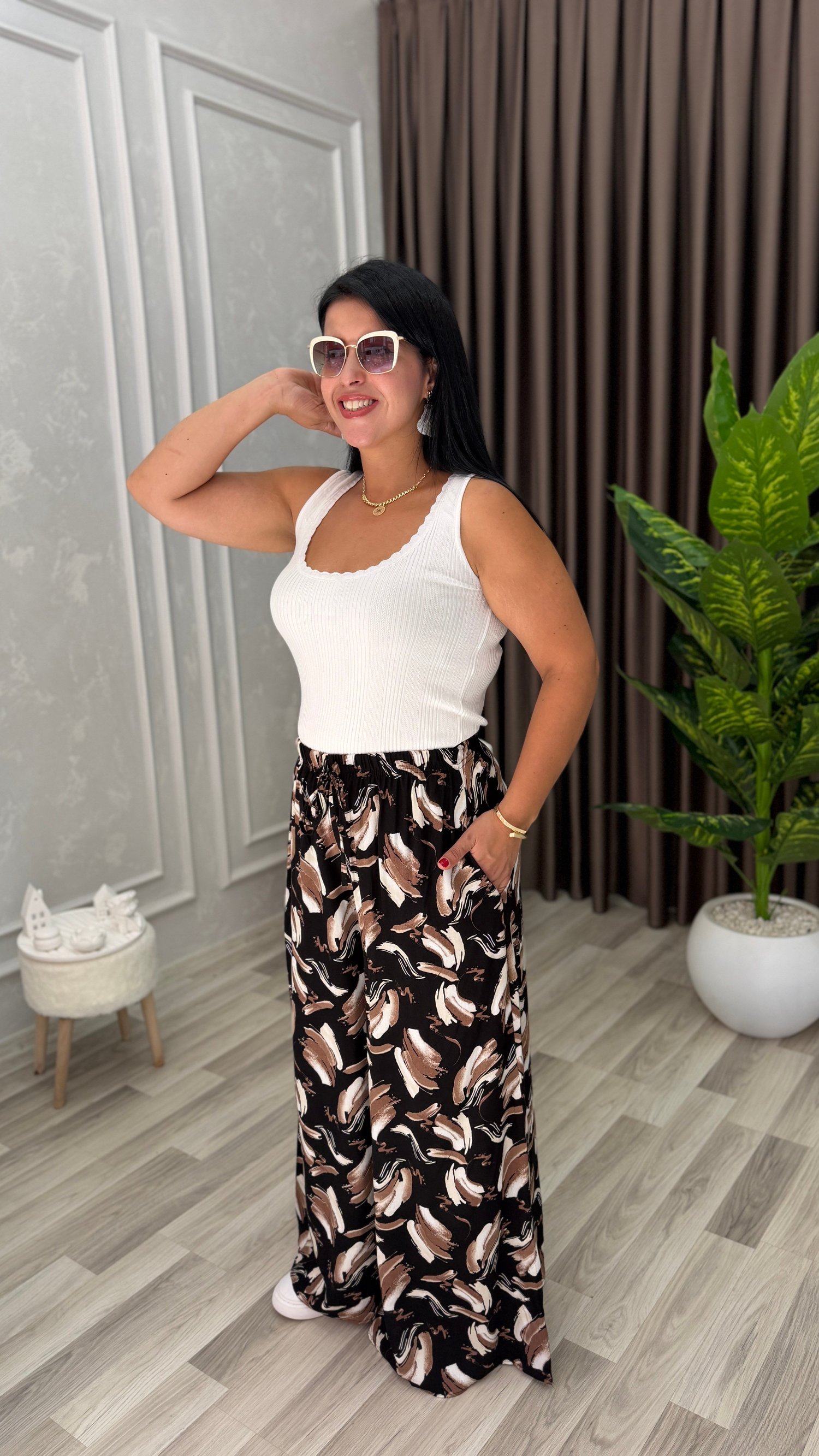 SOFT LINE PAMUK DOKUMA PANTOLON SİYAH ZEMİN KAHVERENGİ BEYAZ FIRÇA DESEN