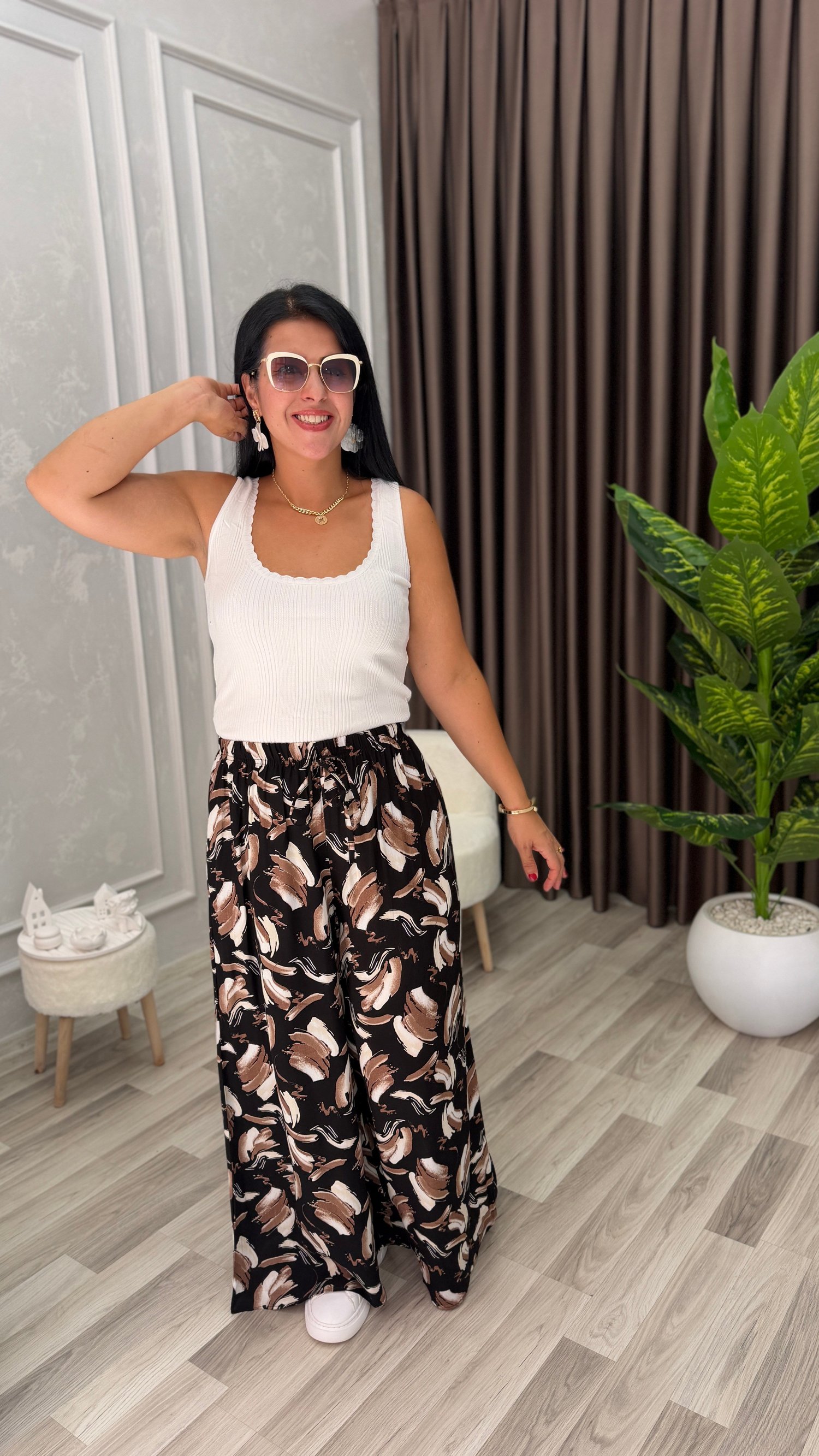 SOFT LINE PAMUK DOKUMA PANTOLON SİYAH ZEMİN KAHVERENGİ BEYAZ FIRÇA DESEN