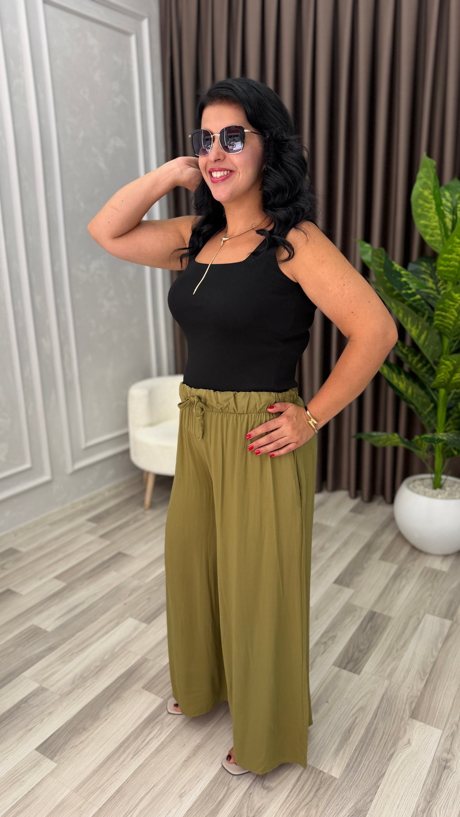 SOFT LINE PAMUK DOKUMA PANTOLON YAĞ YEŞİLİ