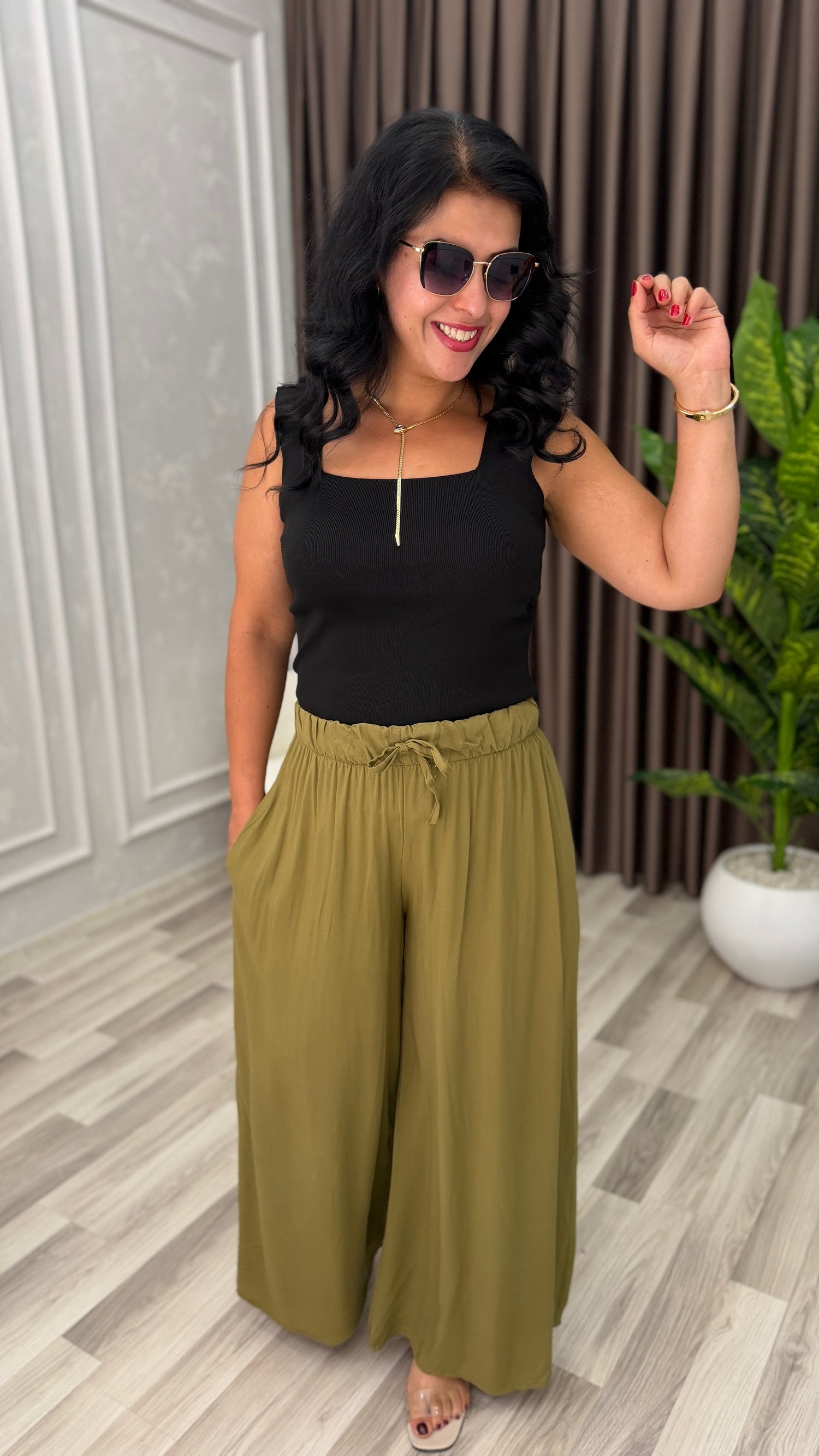 SOFT LINE PAMUK DOKUMA PANTOLON YAĞ YEŞİLİ